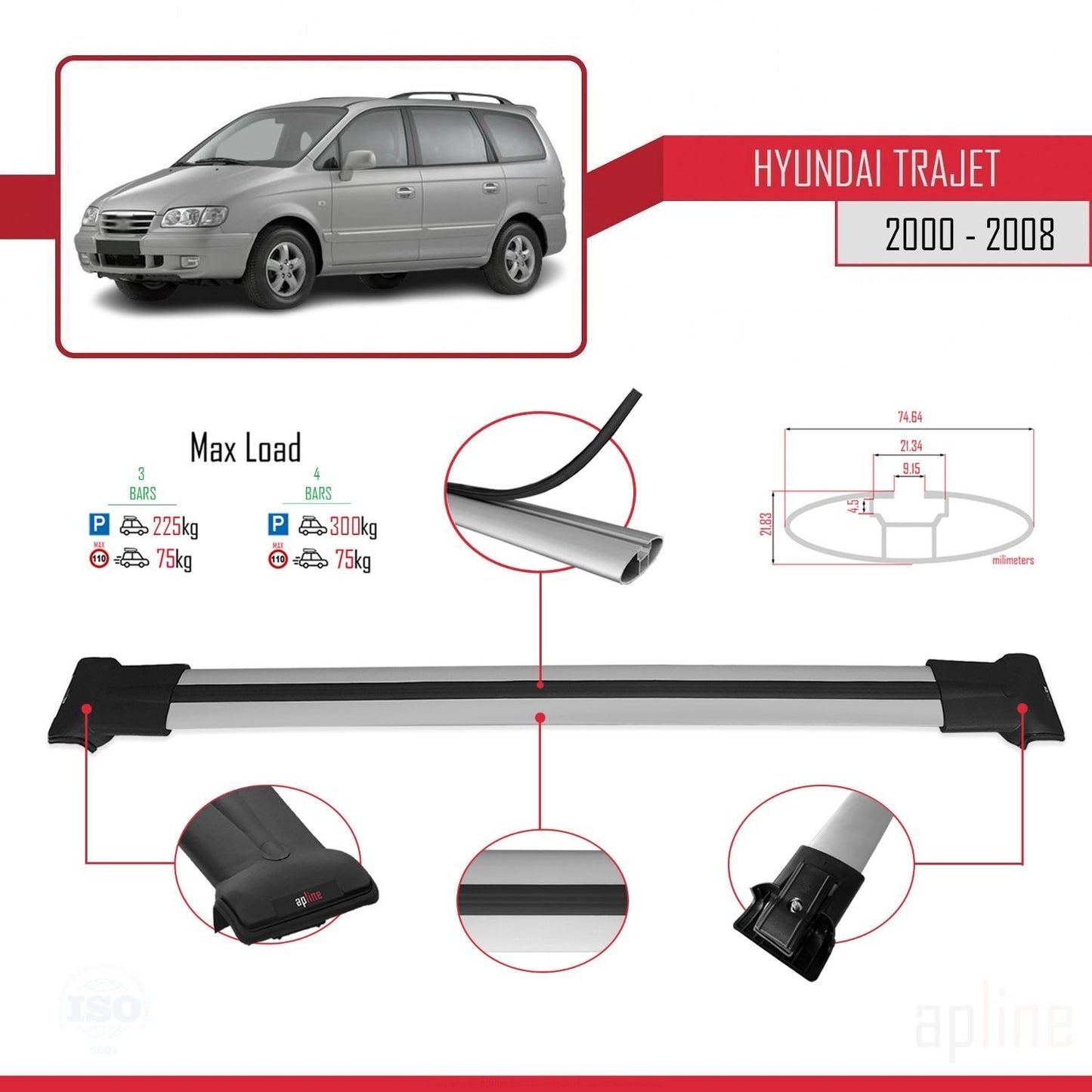 Compatible with Hyundai Trajet 2000-2008 FLY Model Car Roof Rack Cross Bar Grey Aluminium 3 Bars
