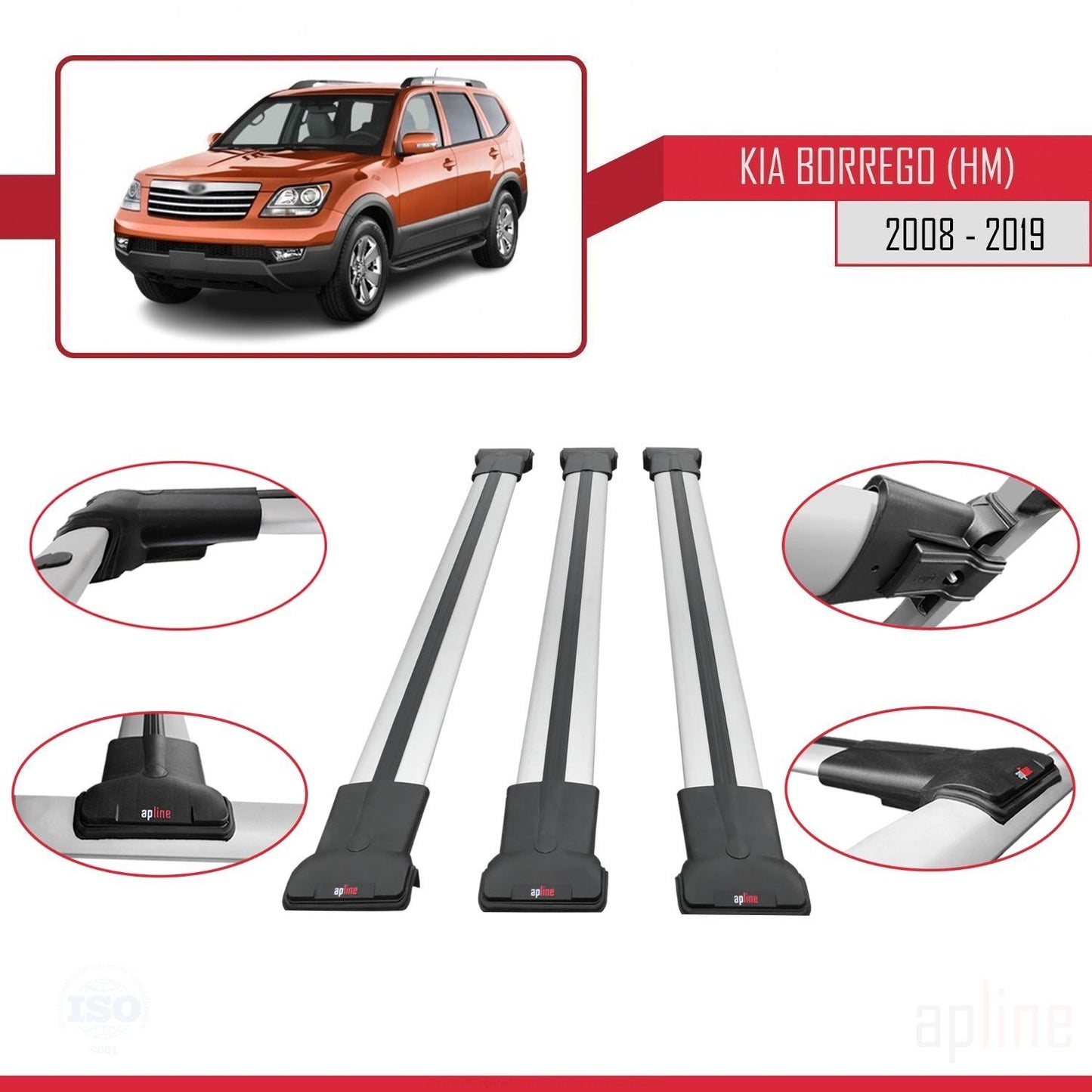 Compatible avec Kia Borrego (HM) 2008-2019 FLY Model Barres de Toit Railing Porte-Bagages de Voiture Gris Aluminium 3 Barres
