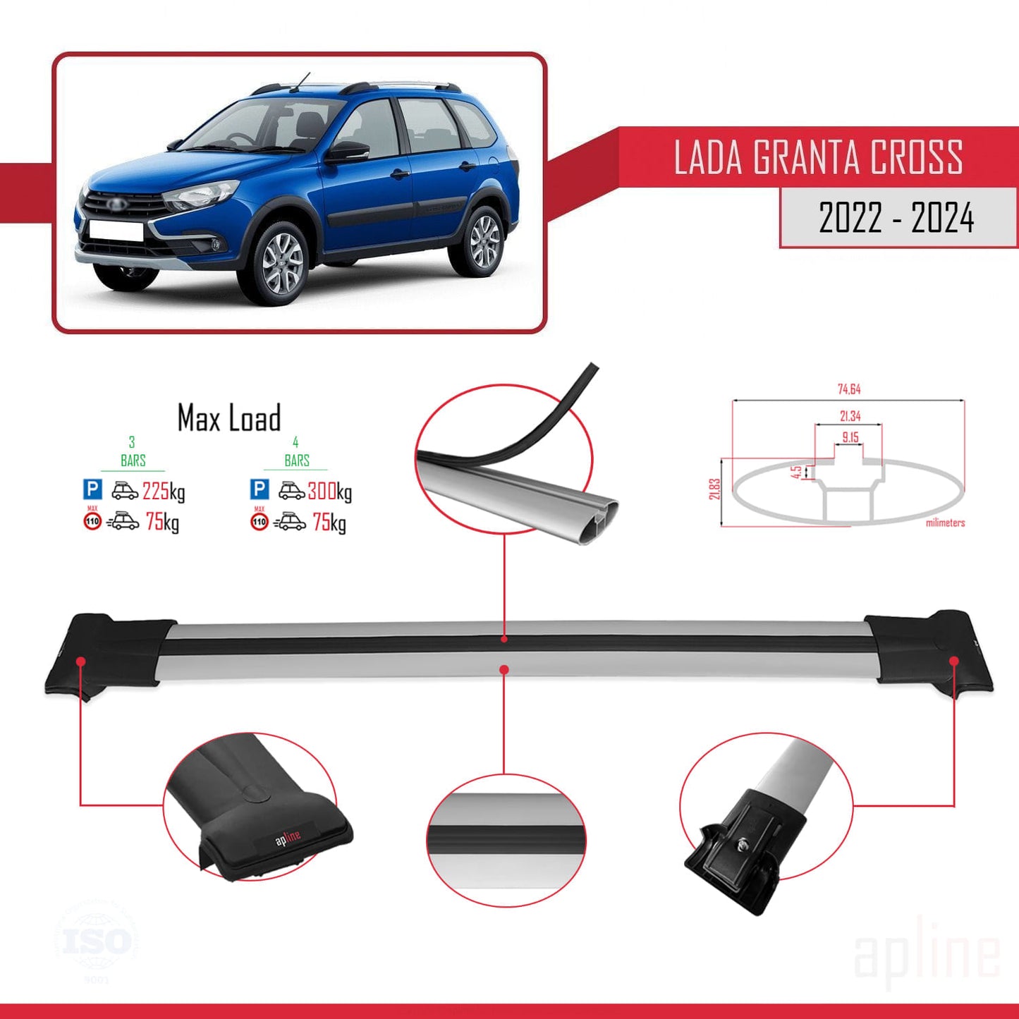 Compatible avec Lada Granta Cross 2022-2024 FLY Model Barres de Toit Railing Porte-Bagages de Voiture Gris Aluminium 3 Barres
