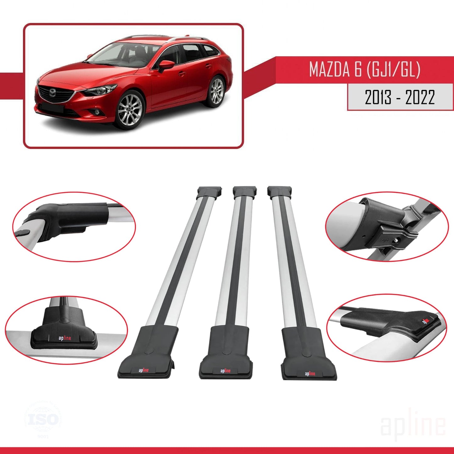 Compatible avec Mazda 6 III (GJ1/GL) 2013-2022 FLY Model Barres de Toit Railing Porte-Bagages de Voiture Gris Aluminium 3 Barres