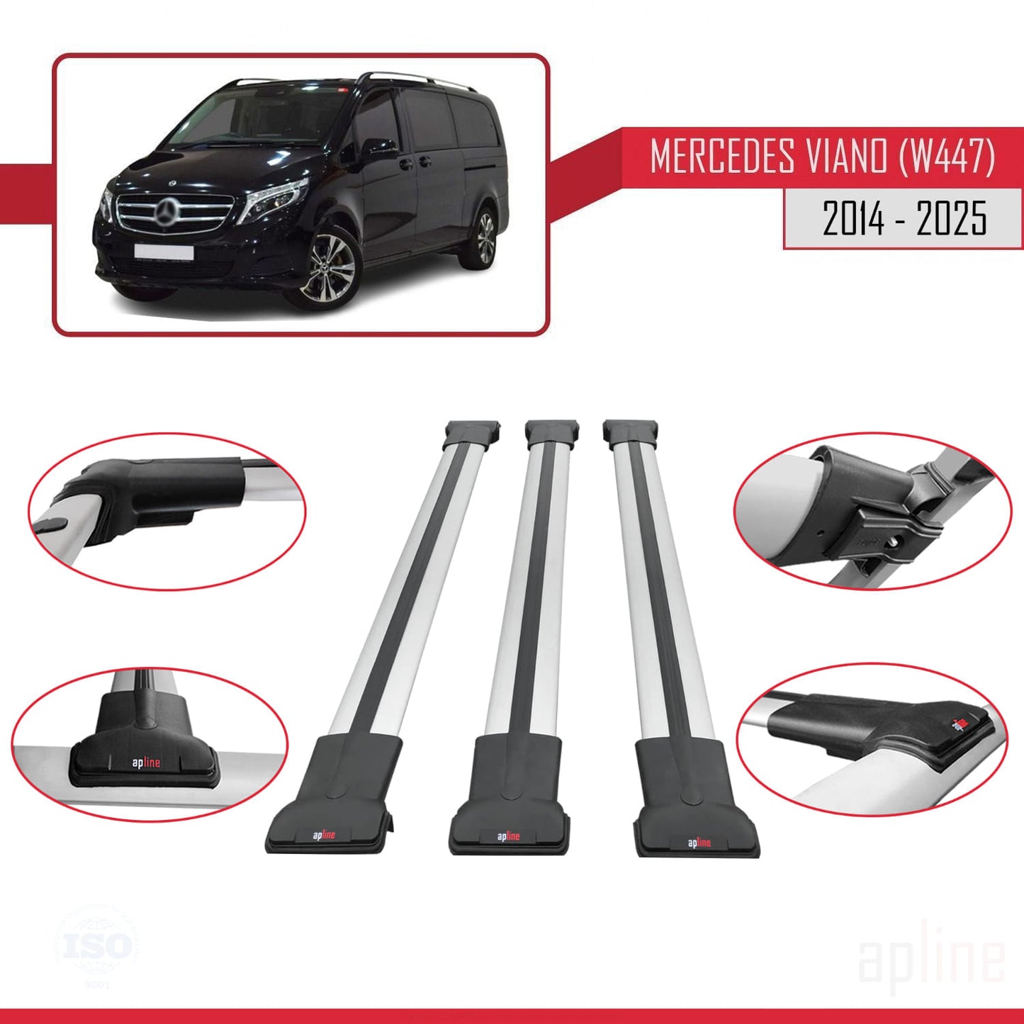 Compatible avec Mercedes Viano 3 (W447) 2014-2025 FLY Model Barres de Toit Railing Porte-Bagages de Voiture Gris Aluminium 3 Barres