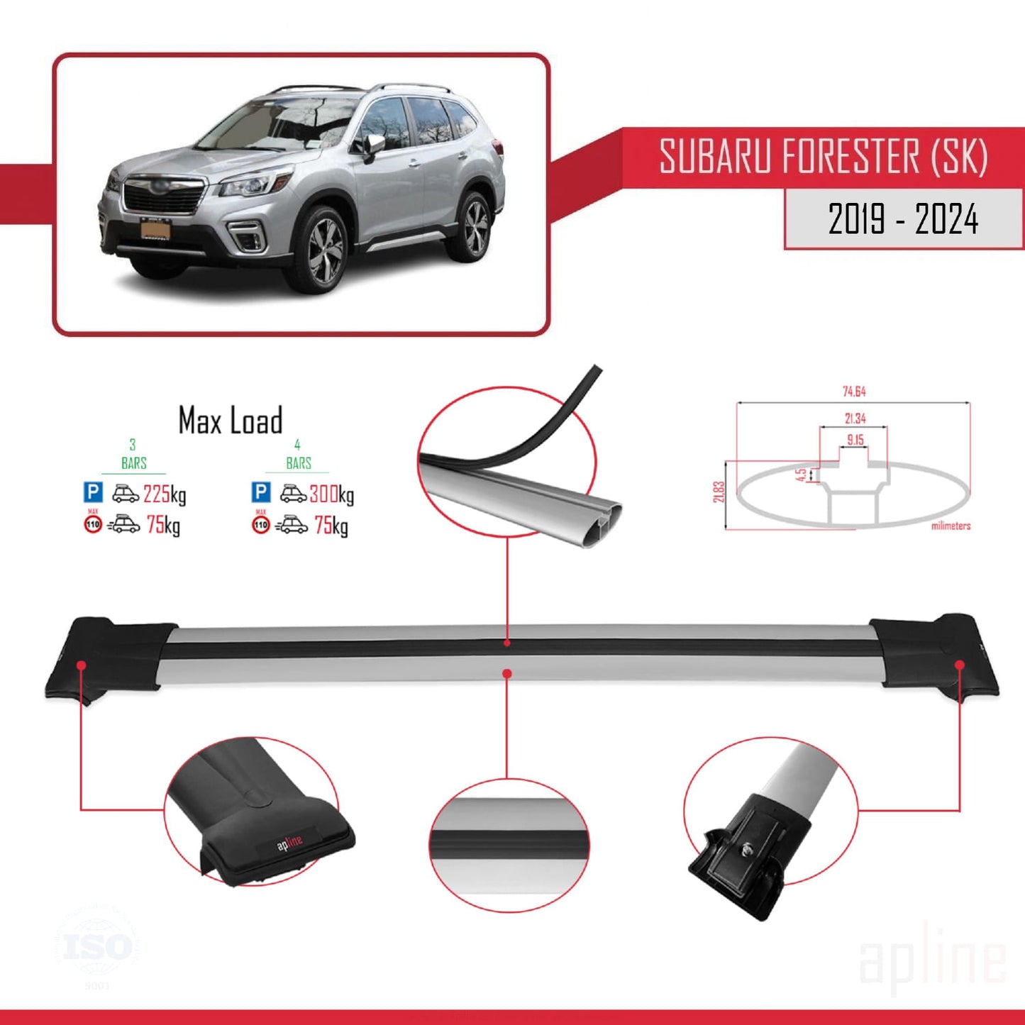 Compatible avec Subaru Forester 5 (SK) 2019-2024 FLY Model Barres de Toit Railing Porte-Bagages de Voiture Gris Aluminium 3 Barres