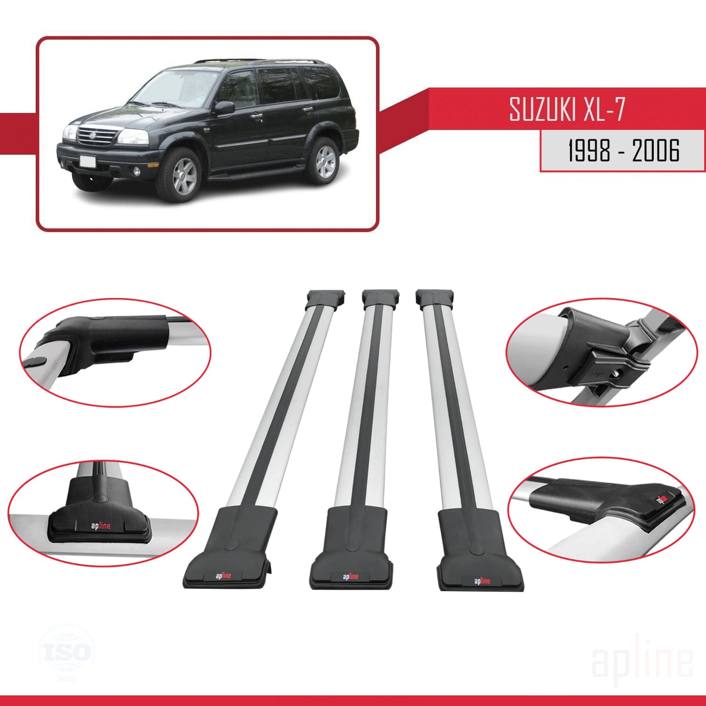 Compatible avec Suzuki XL-7 1998-2006 FLY Model Barres de Toit Railing Porte-Bagages de Voiture Gris Aluminium 3 Barres