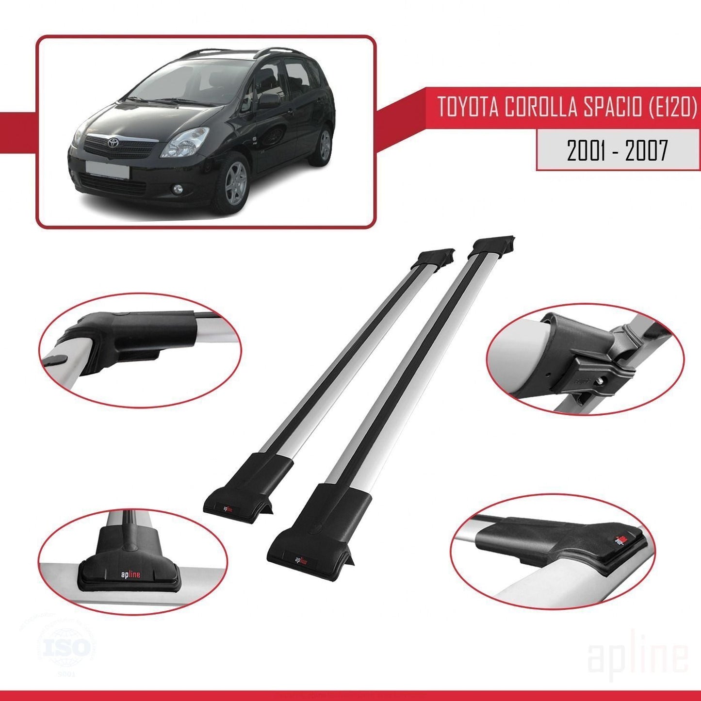 Compatible avec Toyota Corolla Spacio 2 (E120) 2001-2007 FLY Model Barres de Toit Railing Porte-Bagages de Voiture Gris Aluminium 2 Barres