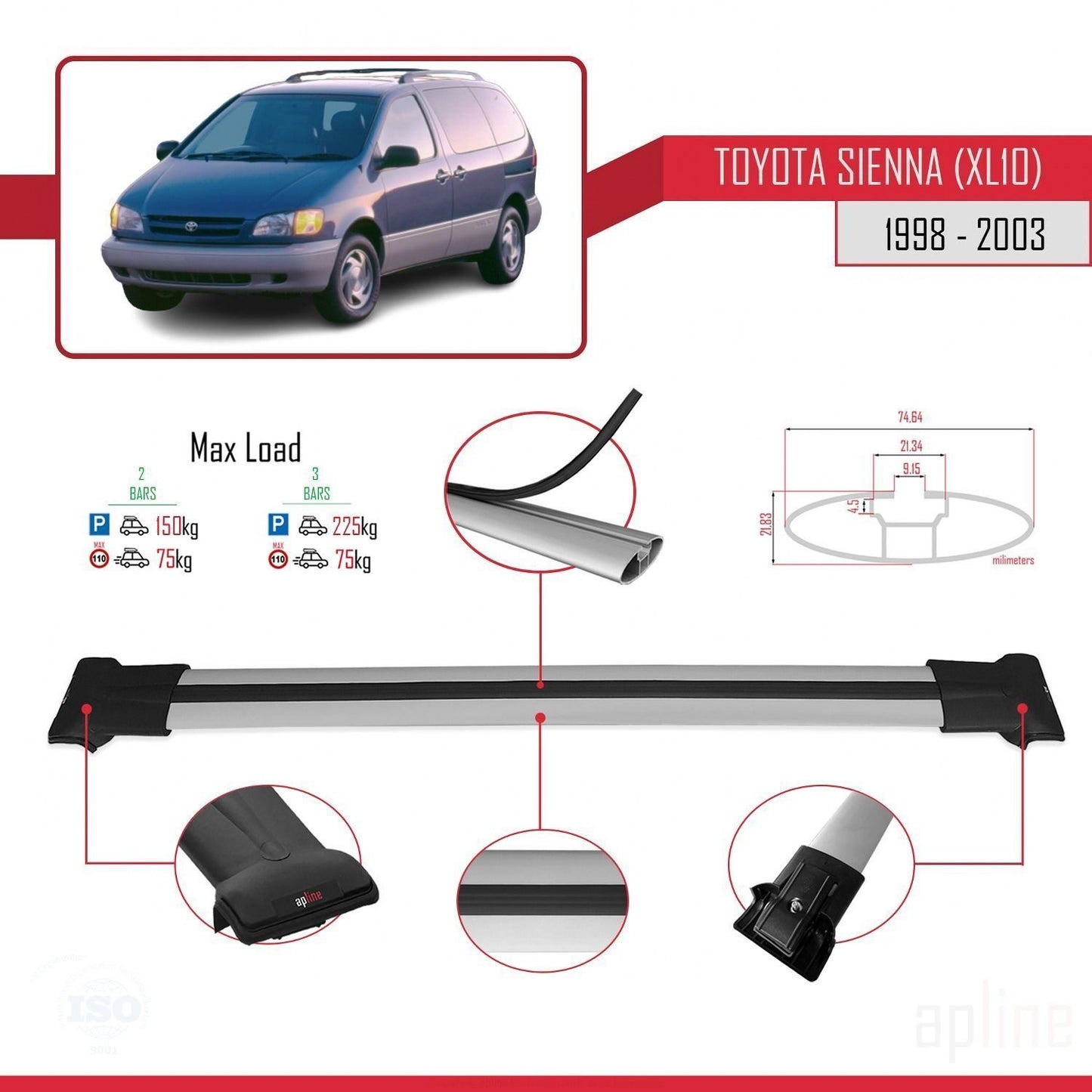 Compatible avec Toyota Sienna (XL10) 1998-2003 FLY Model Barres de Toit Railing Porte-Bagages de Voiture Gris Aluminium 2 Barres