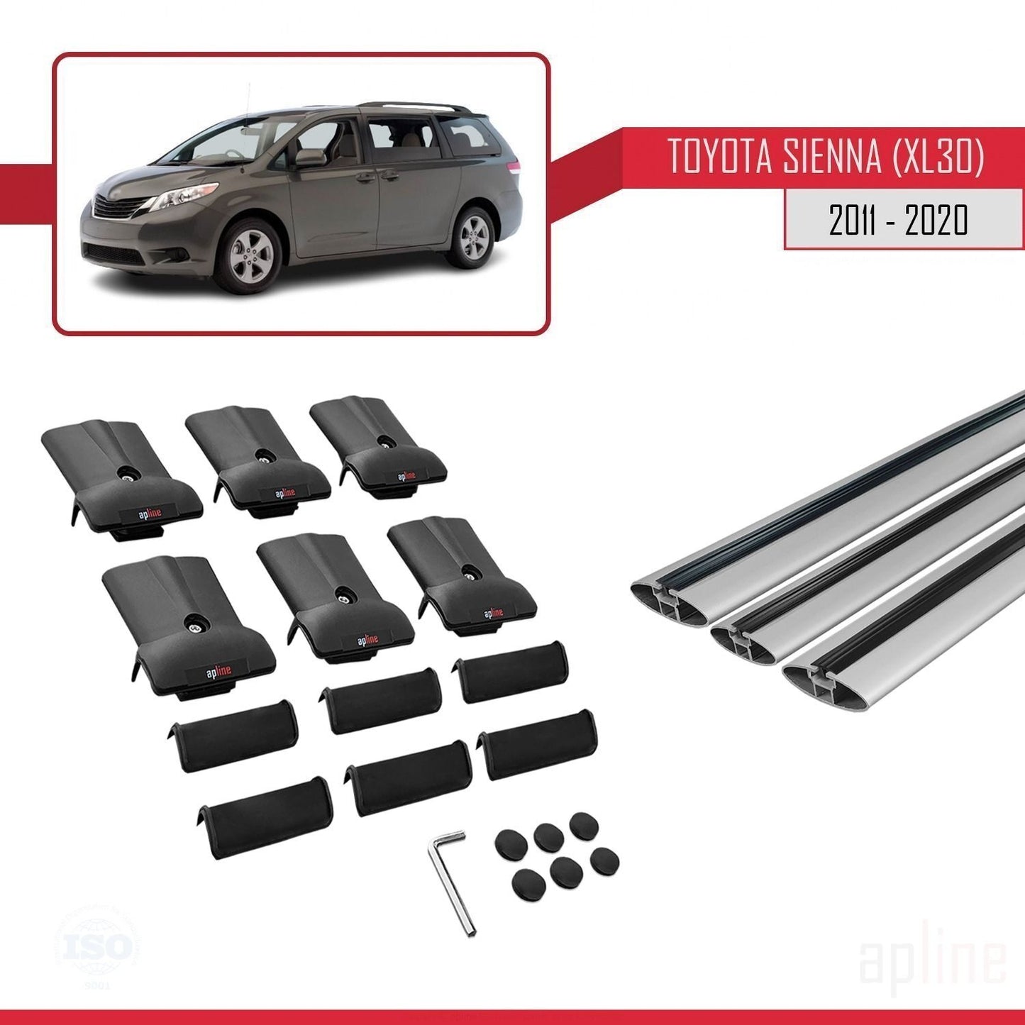 Compatible avec Toyota Sienna 3 (XL30) 2011-2020 FLY Model Barres de Toit Railing Porte-Bagages de Voiture Gris Aluminium 3 Barres
