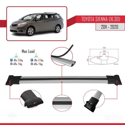 Compatible avec Toyota Sienna 3 (XL30) 2011-2020 FLY Model Barres de Toit Railing Porte-Bagages de Voiture Gris Aluminium 2 Barres