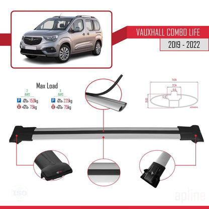 Compatible avec Vauxhall Combo E Life 2019-2022 FLY Model Barres de Toit Railing Porte-Bagages de Voiture Gris Aluminium 2 Barres