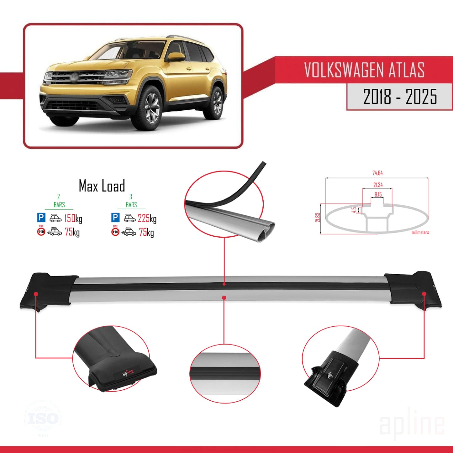 Compatible avec Volkswagen Atlas (CA1) 2018-2025 FLY Model Barres de Toit Railing Porte-Bagages de Voiture Gris Aluminium 2 Barres