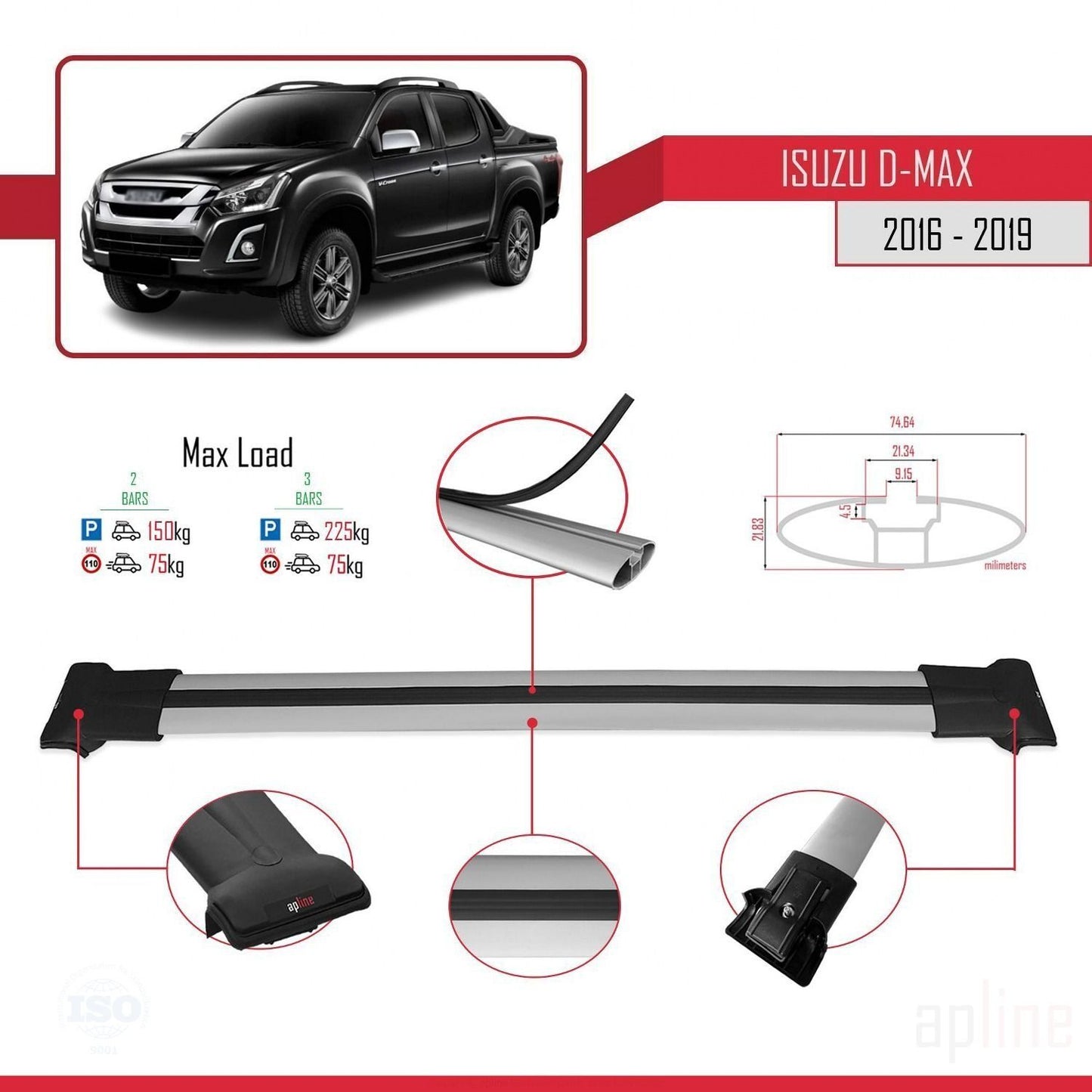 Compatible avec Isuzu D-Max 2 (RT85) Post-Facelift 2016-2019 FLY Model Barres de Toit Railing Porte-Bagages de Voiture Gris Aluminium 2 Barres