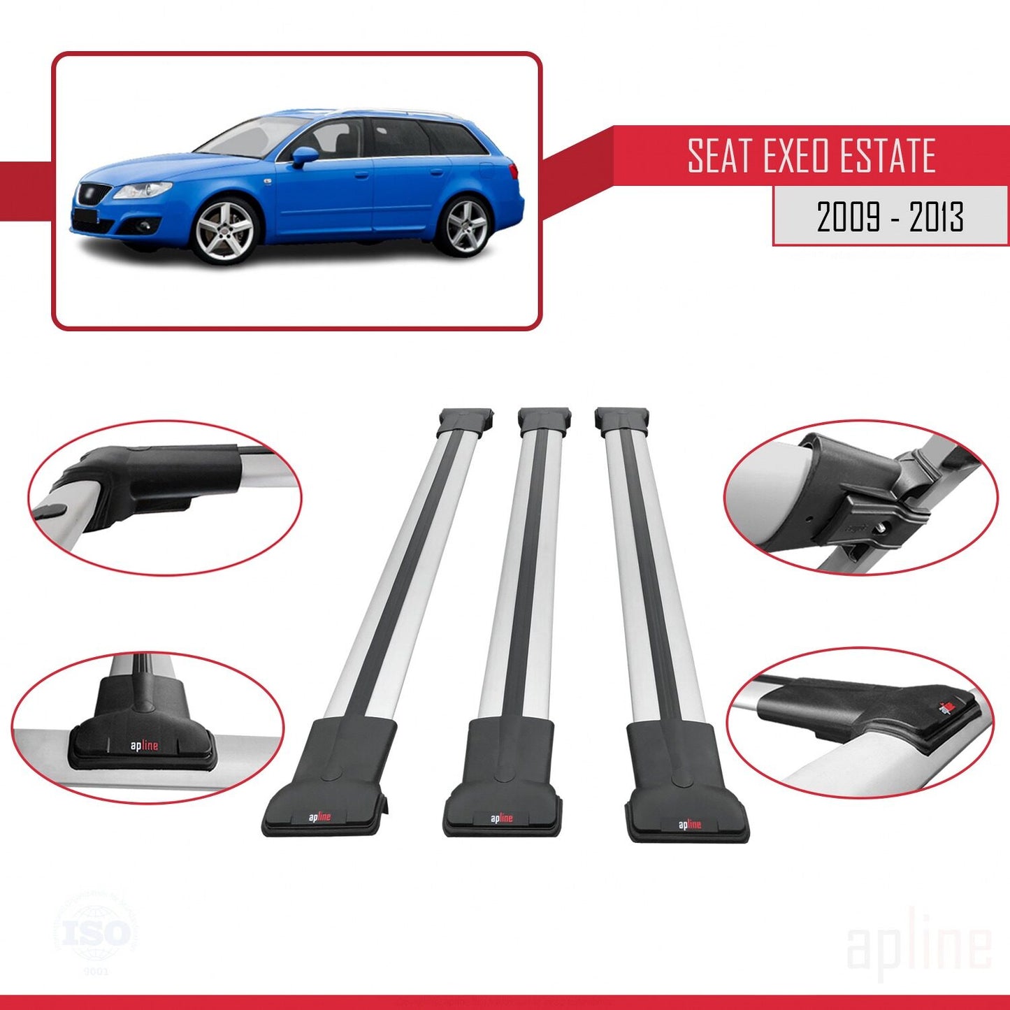 Compatible with Seat Exeo (3R9) ST 2009-2013 FLY Model Car Roof Rack Cross Bar Grey Aluminium 3 Bars