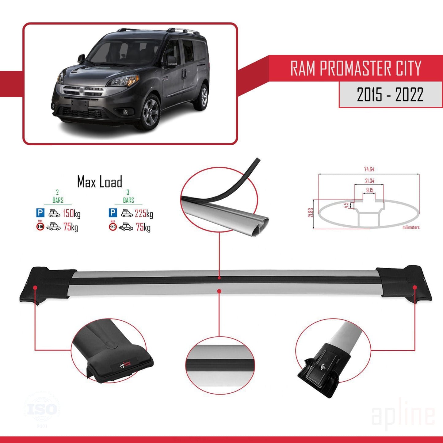 Compatible avec Ram Promaster City (636) 2015-2022 FLY Model Barres de Toit Railing Porte-Bagages de Voiture Gris Aluminium 2 Barres