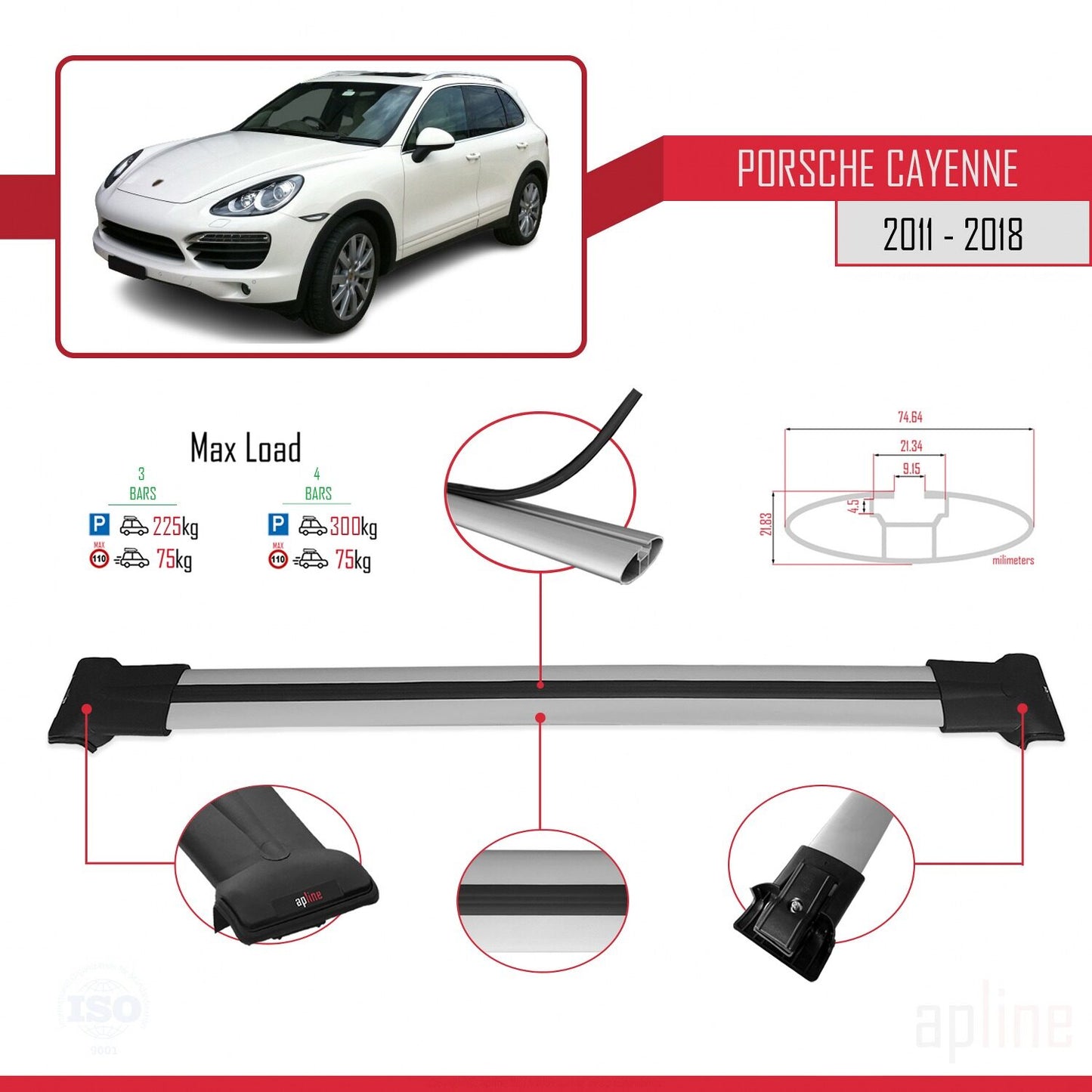 Compatible avec Porsche Cayenne 2 (92A) 2011-2018 FLY Model Barres de Toit Railing Porte-Bagages de Voiture Gris Aluminium 3 Barres