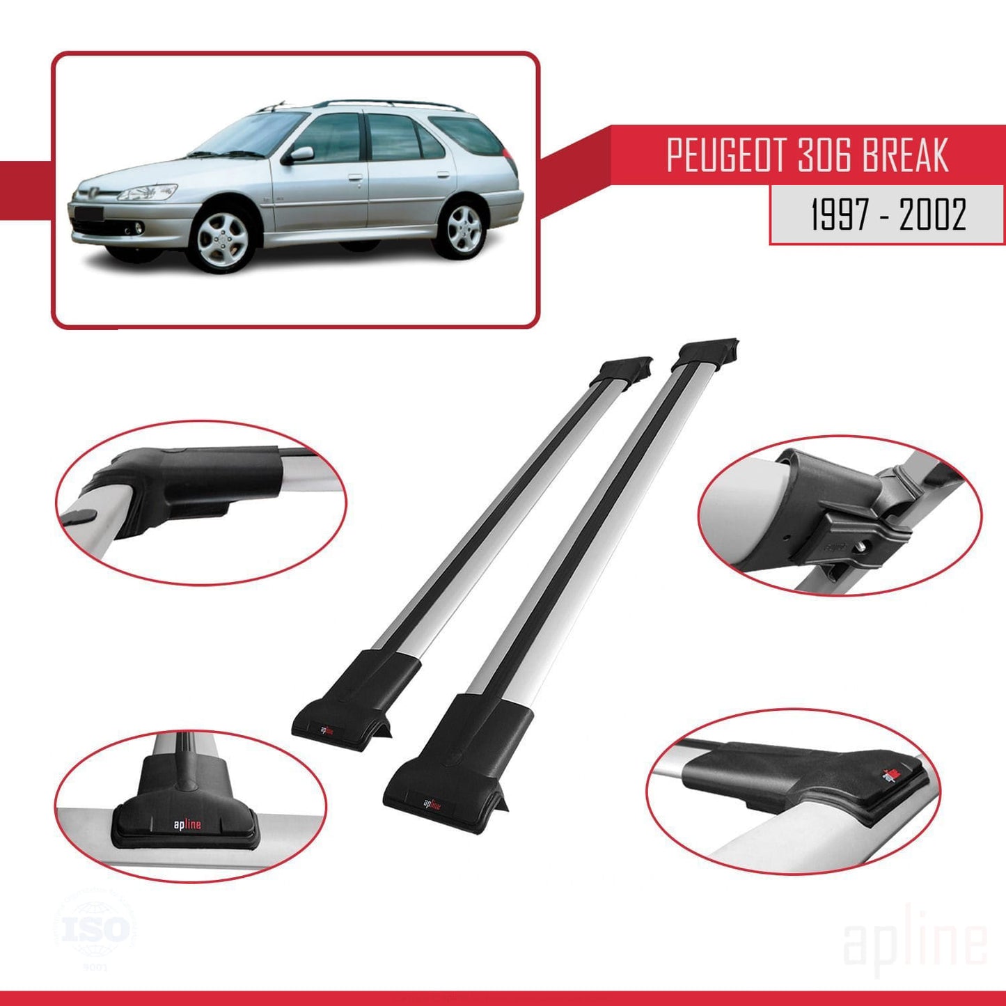 Compatible avec Peugeot 306 Break 1997-2002 FLY Model Barres de Toit Railing Porte-Bagages de Voiture Gris Aluminium 2 Barres