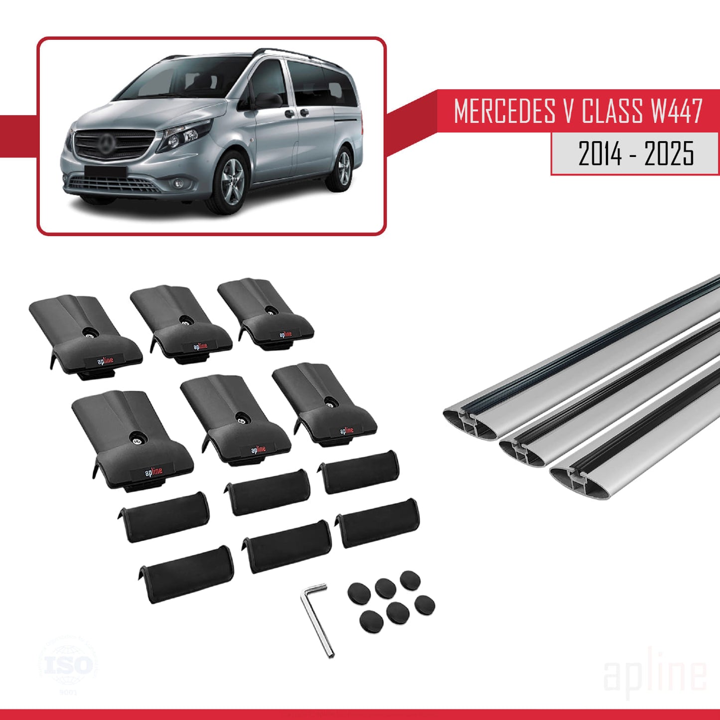 Compatible avec Mercedes Classe V 3 (W447) 2014-2025 FLY Model Barres de Toit Railing Porte-Bagages de Voiture Gris Aluminium 3 Barres
