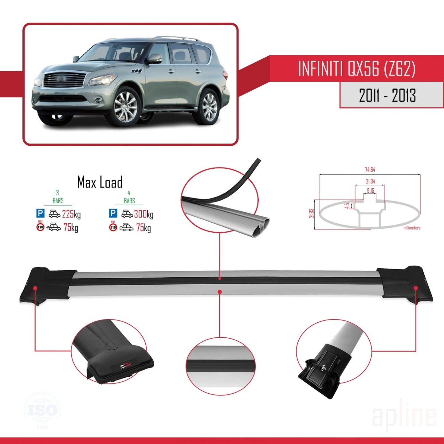 Compatible with IInfiniti QX56 (Z62) 2011-2013 FLY Model Car Roof Rack Cross Bar Grey Aluminium 3 Bars