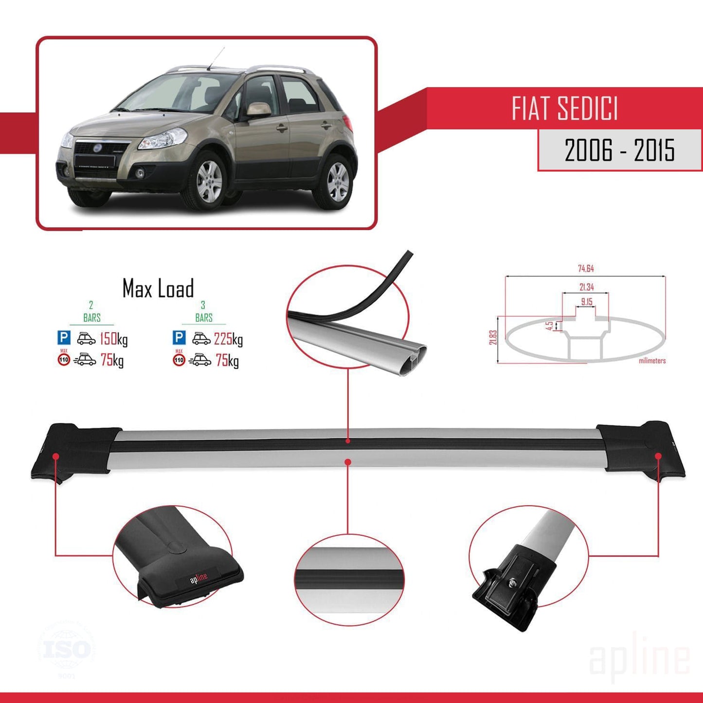 Compatible avec Fiat Sedici 2006-2015 FLY Model Barres de Toit Railing Porte-Bagages de Voiture Gris Aluminium 2 Barres