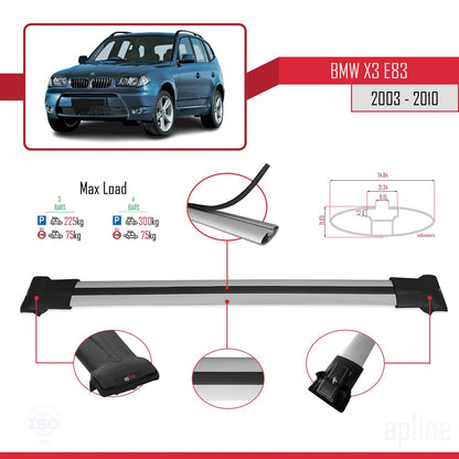 Compatible avec BMW X3 (E83) 2003-2010 FLY Model Barres de Toit Railing Porte-Bagages de Voiture Gris Aluminium 3 Barres