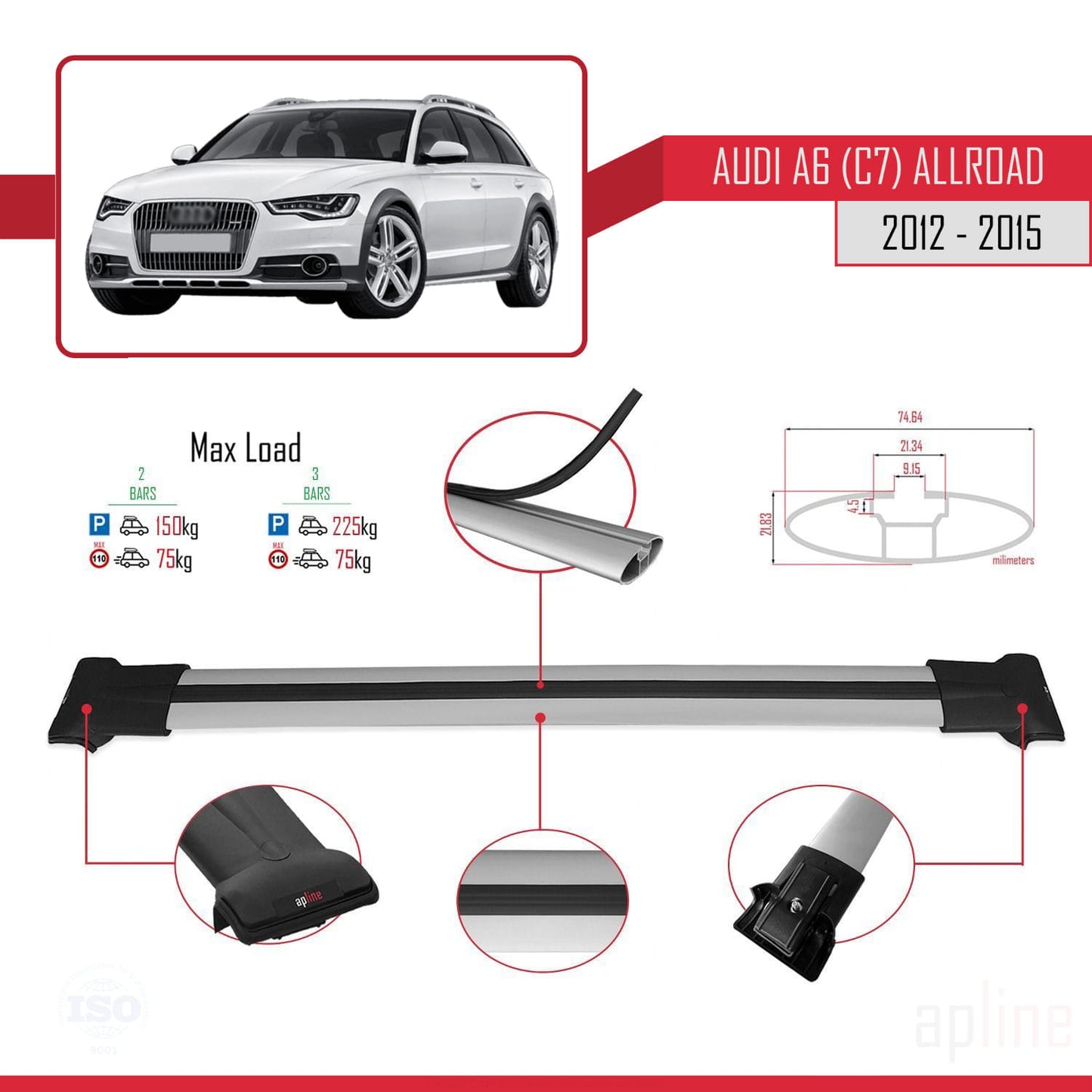 Compatible avec A6 (C7) Allroad 2012-2015 FLY Model Barres de Toit Railing Porte-Bagages de Voiture Gris Aluminium 2 Barres