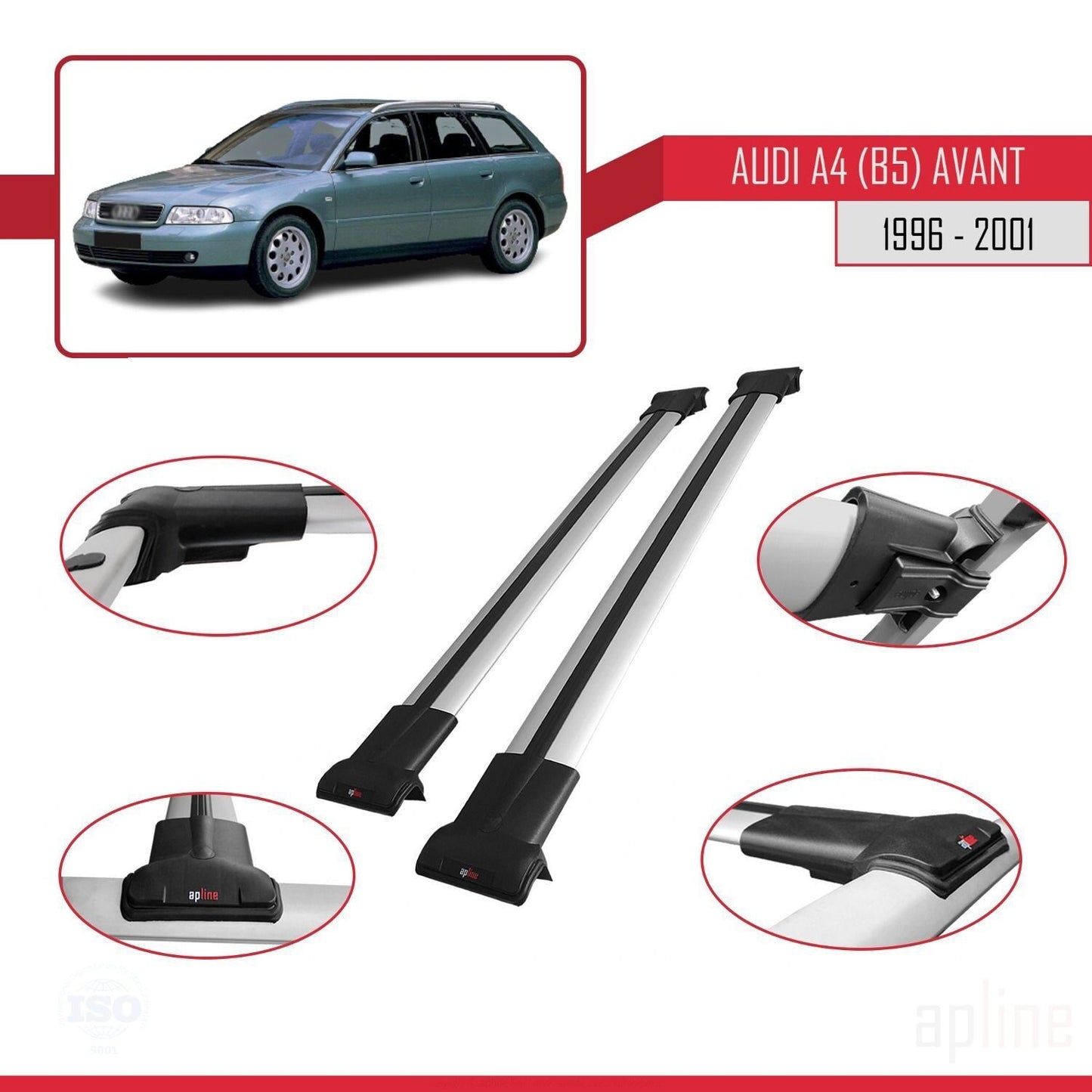 Compatible avec A4 (B5) Avant 1996-2001 FLY Model Barres de Toit Railing Porte-Bagages de Voiture Gris Aluminium 2 Barres