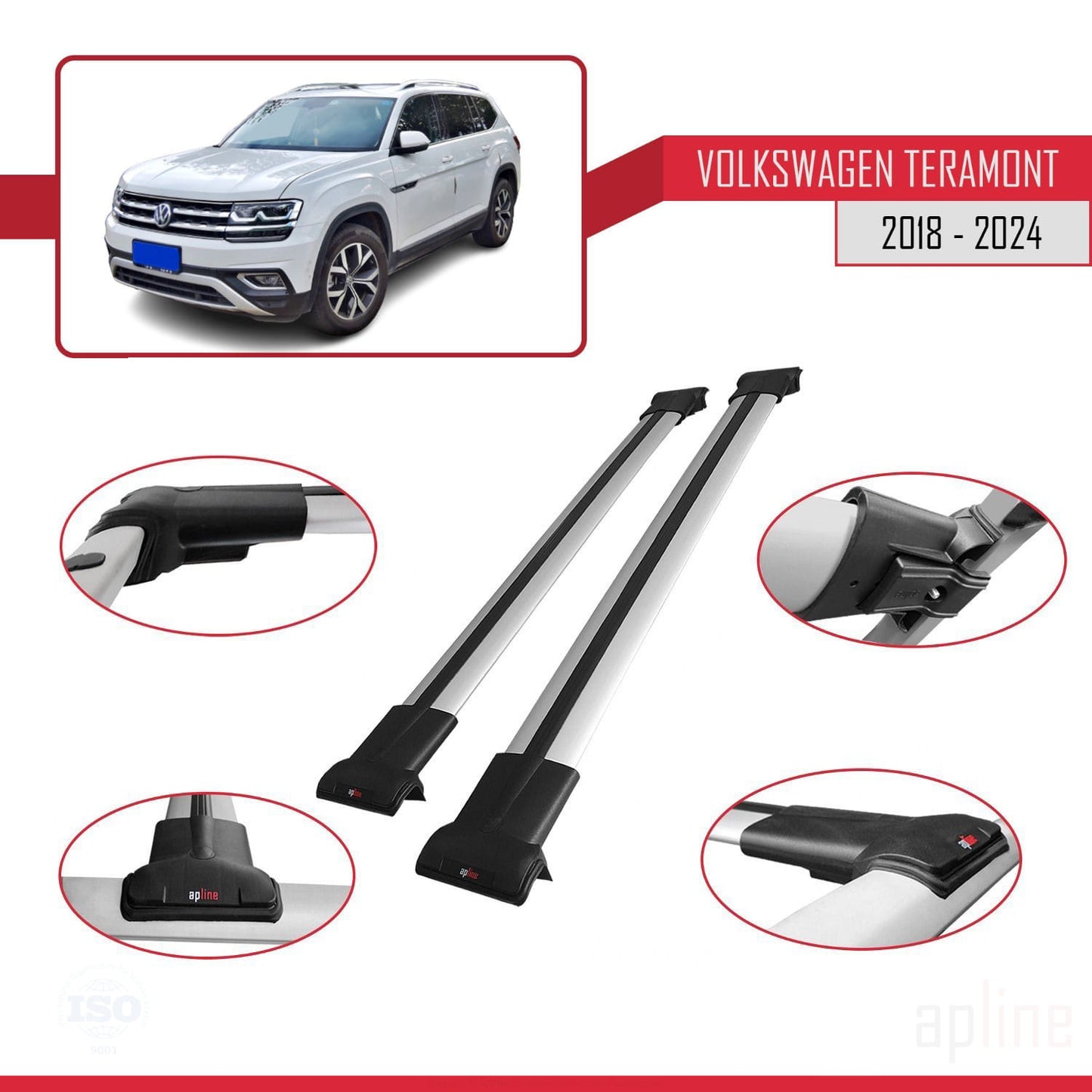 Compatible avec Volkswagen Teramont (CA1) 2018-2024 FLY Model Barres de Toit Railing Porte-Bagages de Voiture Gris Aluminium 2 Barres