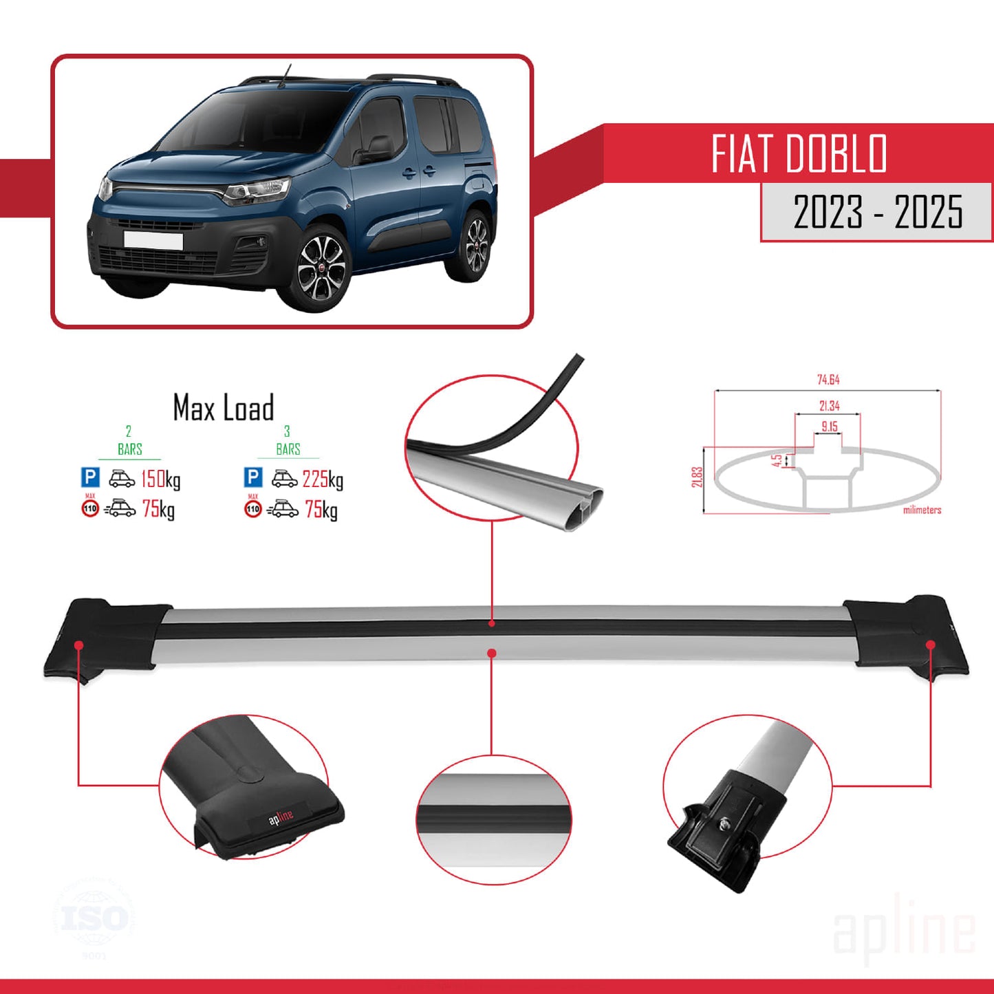Compatible avec Fiat Doblo 3 2023-2025 FLY Model Barres de Toit Railing Porte-Bagages de Voiture Gris Aluminium 2 Barres