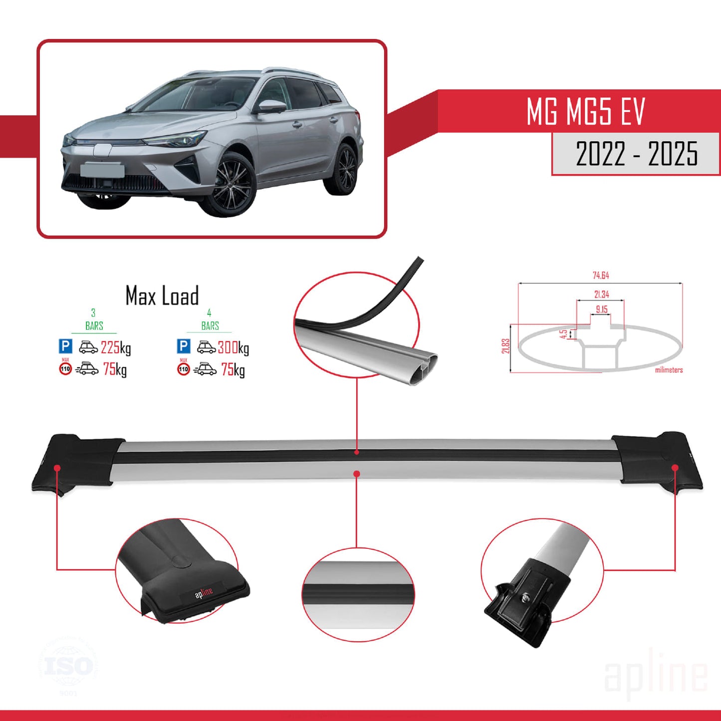 Compatible avec MG 5 EV 2022-2025 FLY Model Barres de Toit Railing Porte-Bagages de Voiture Gris Aluminium 3 Barres