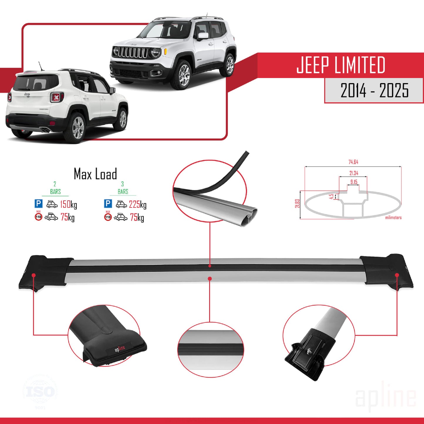 Compatible avec Jeep Limited 2014-2025 FLY Model Barres de Toit Railing Porte-Bagages de Voiture Gris Aluminium 2 Barres