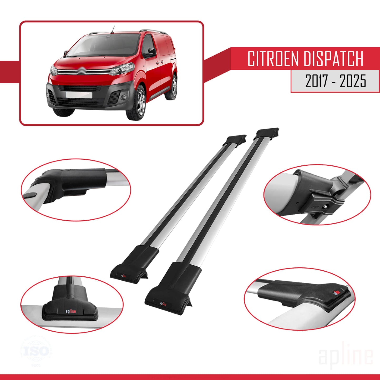 Compatible avec Citroen Dispatch (K0) 2017-2025 FLY Model Barres de Toit Railing Porte-Bagages de Voiture Gris Aluminium 2 Barres