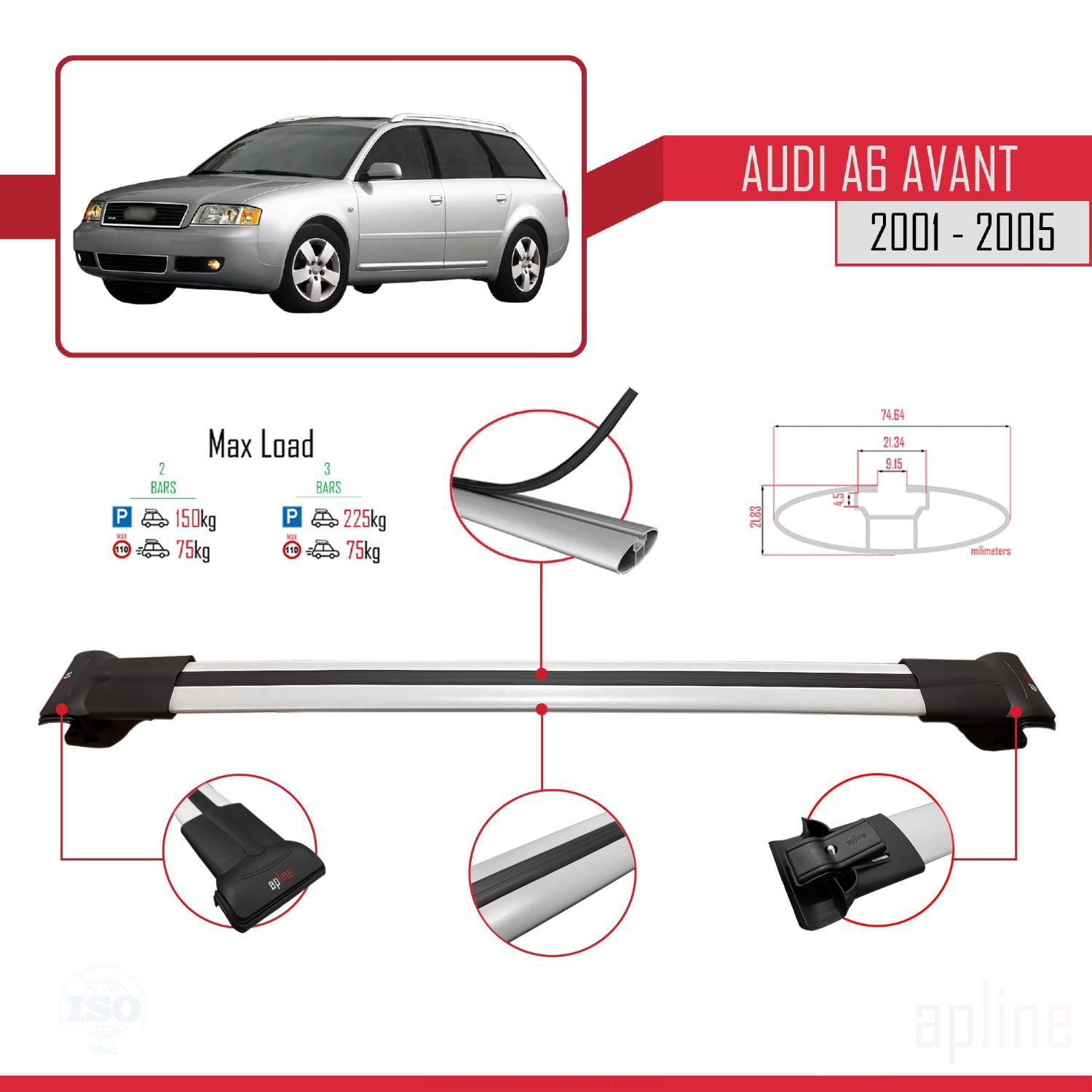 Compatible avec Audi A6 Avant 2001-2005 FLY Model Barres de Toit Railing Porte-Bagages de Voiture Gris Aluminium 3 Barres