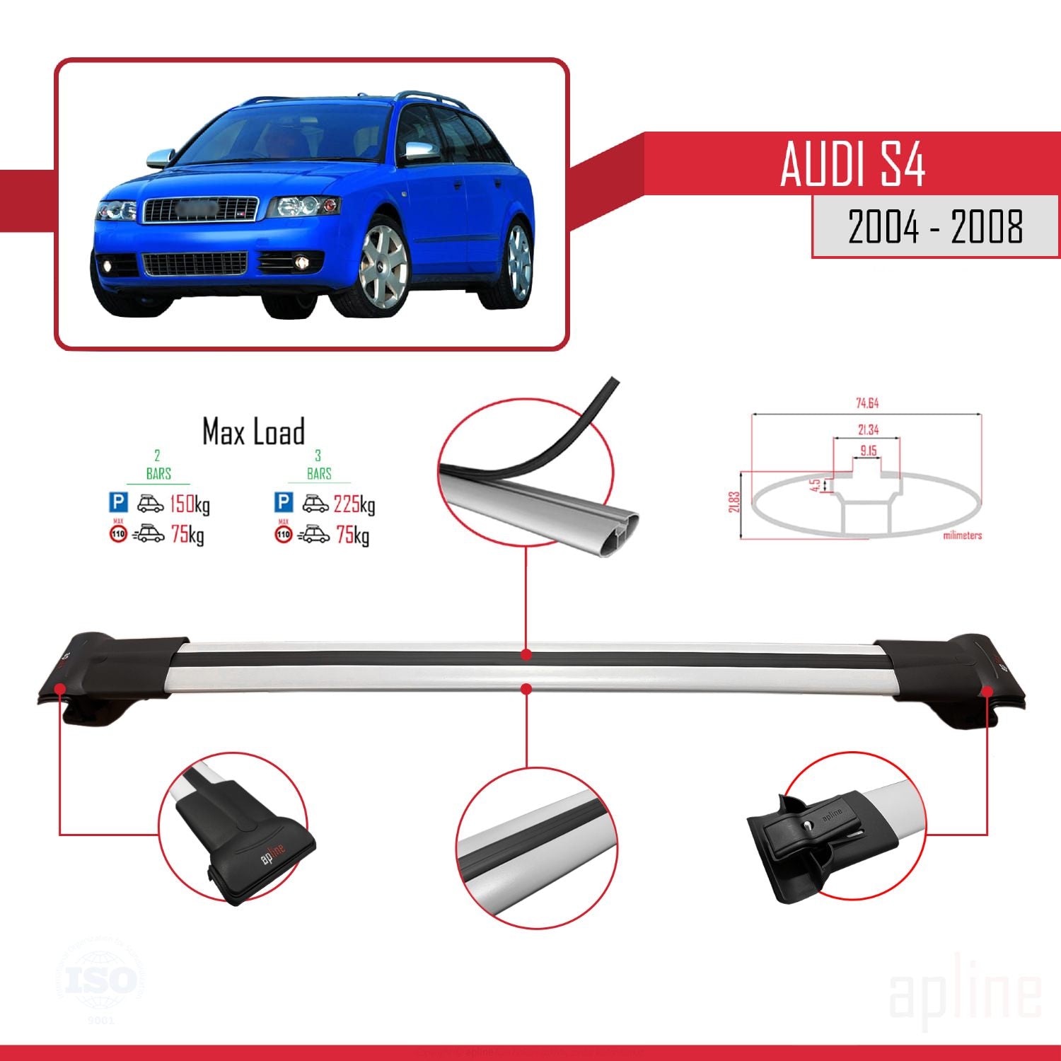 Compatible avec Audi S4 2004-2008 FLY Model Barres de Toit Railing Porte-Bagages de Voiture Gris Aluminium 3 Barres