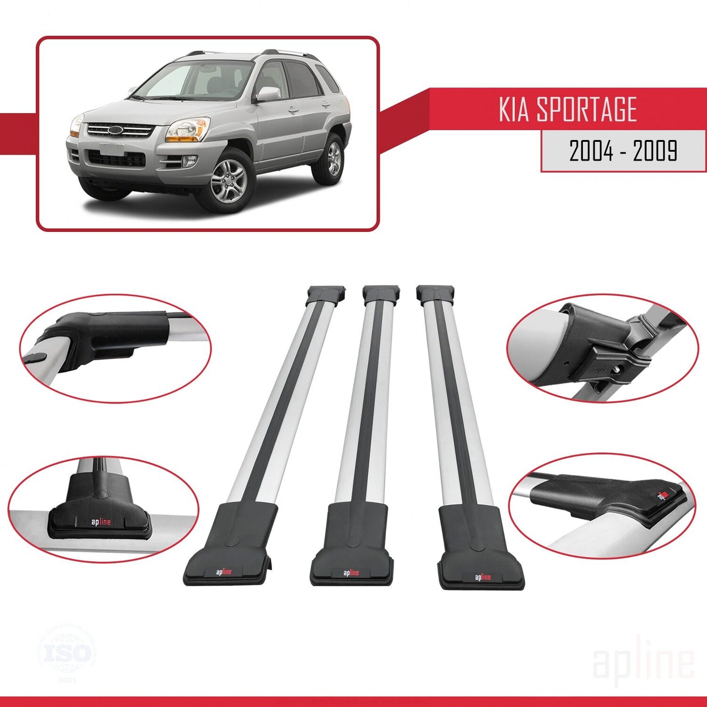 Compatible avec Kia Sportage 2 (JE) 2004-2009 FLY Model Barres de Toit Railing Porte-Bagages de Voiture Gris Aluminium 3 Barres