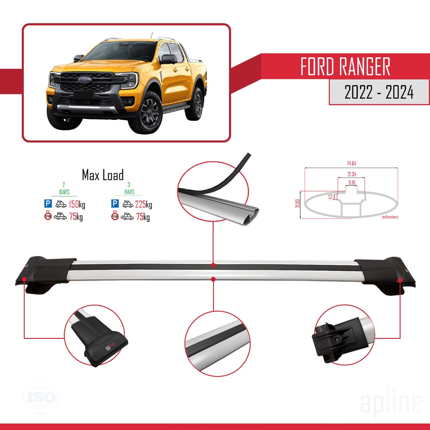 Compatible avec Ford Ranger (P703) 2022-2024 FLY Model Barres de Toit Railing Porte-Bagages de Voiture Gris Aluminium 2 Barres