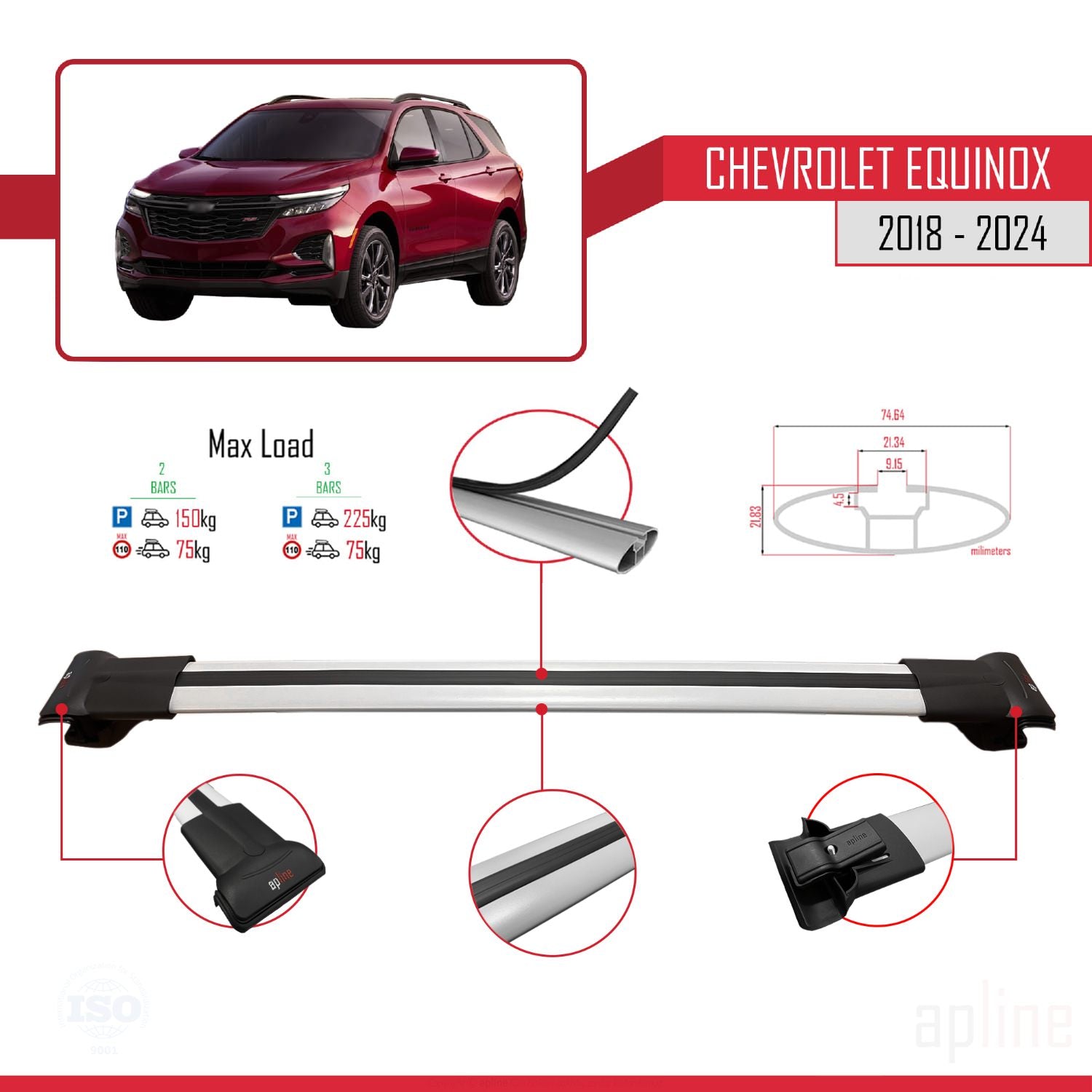 Compatible avec Chevrolet Equinox 2018-2024 FLY Model Barres de Toit Railing Porte-Bagages de Voiture Gris Aluminium 2 Barres