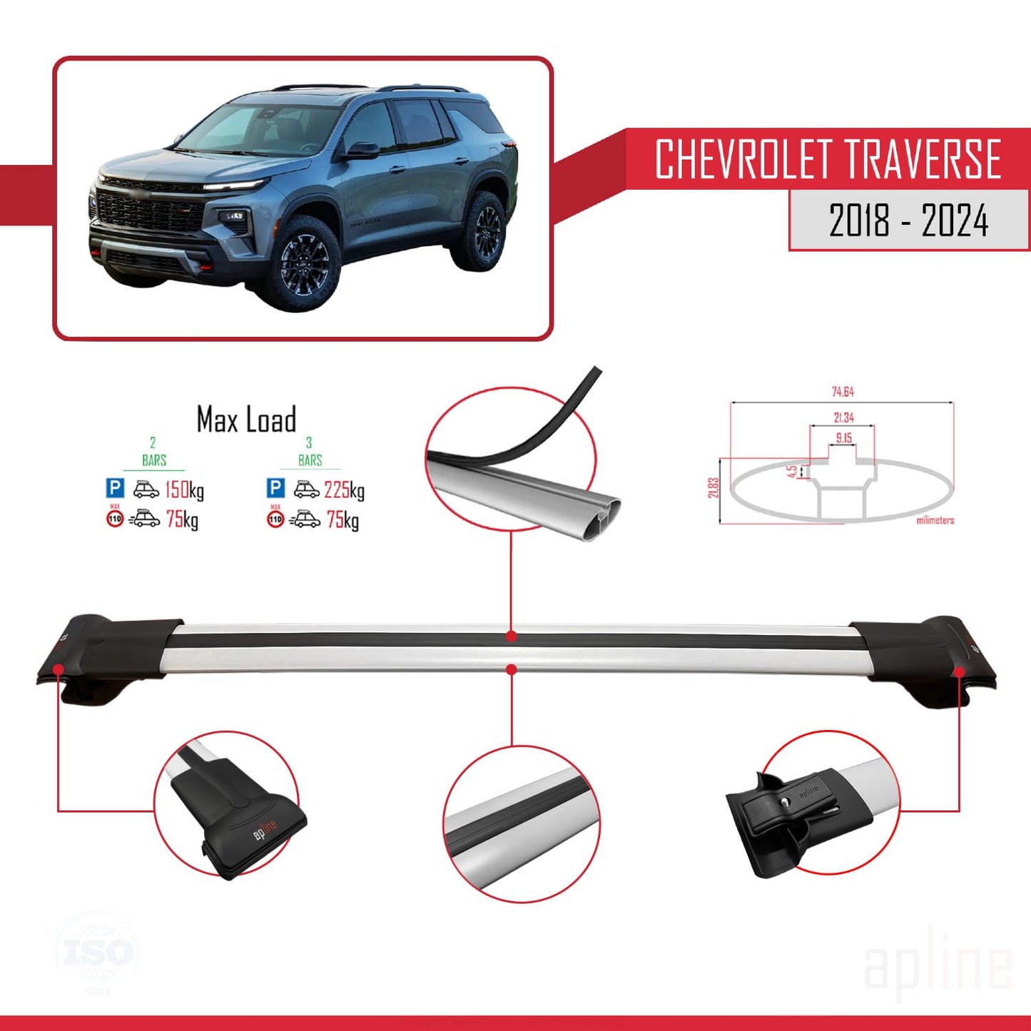 Compatible avec Chevrolet Traverse 2018-2024 FLY Model Barres de Toit Railing Porte-Bagages de Voiture Gris Aluminium 3 Barres