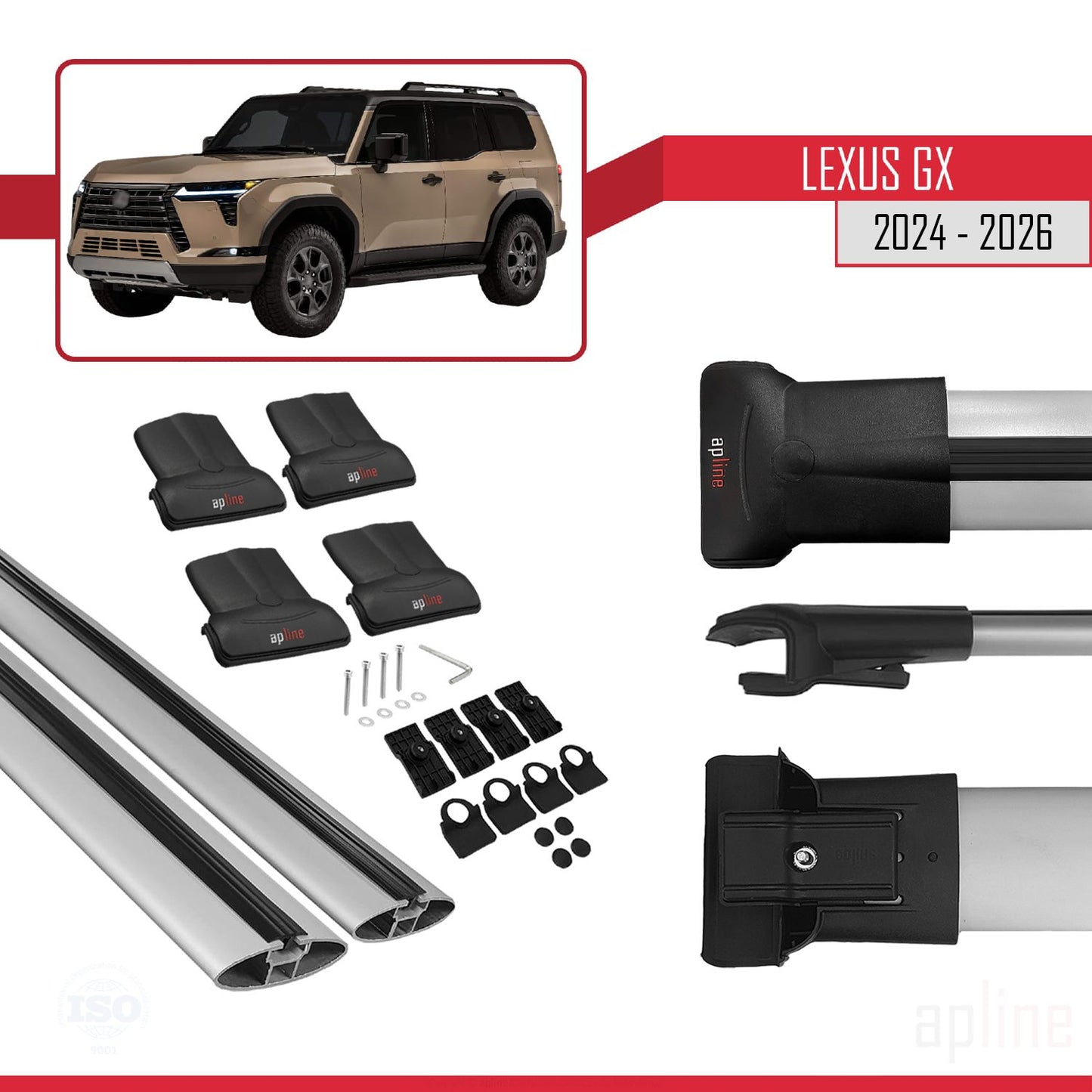 Compatible avec Lexus GX (Overtrail) 2024-2025 FLY Model Barres de Toit Railing Porte-Bagages de Voiture Gris Aluminium 2 Barres