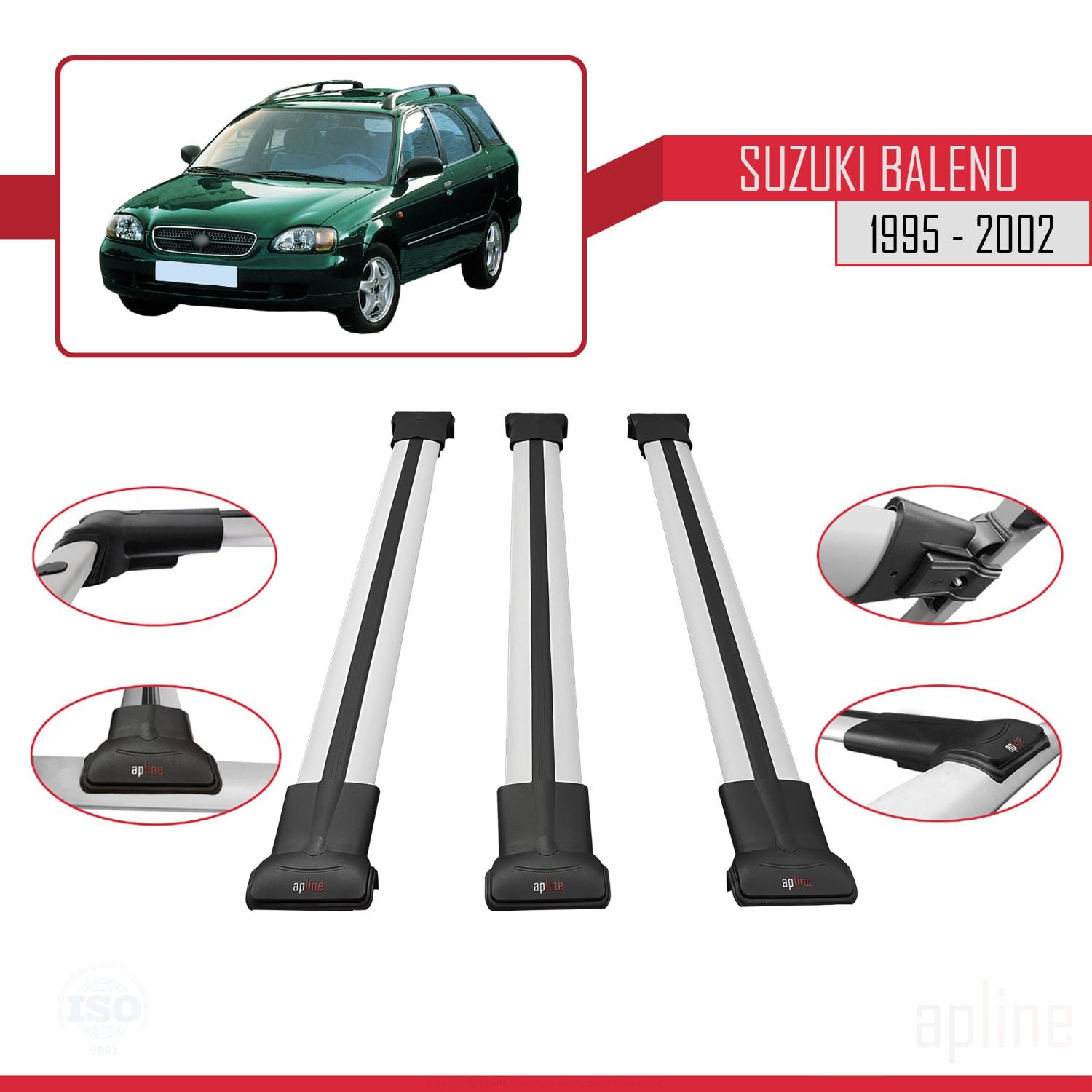 Compatible avec Suzuki Baleno 1995-2002 FLY Model Barres de Toit Railing Porte-Bagages de Voiture Gris Aluminium 3 Barres