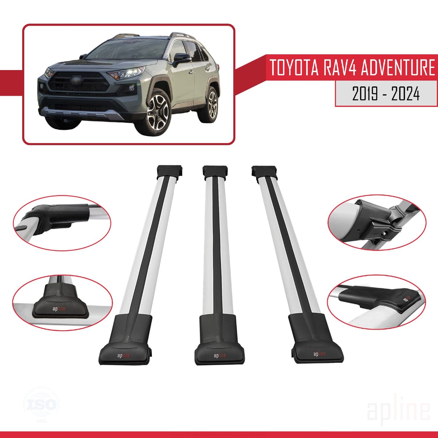 Compatible avec Toyota RAV4 Adventure 2019-2024 FLY Model Barres de Toit Railing Porte-Bagages de Voiture Gris Aluminium 3 Barres