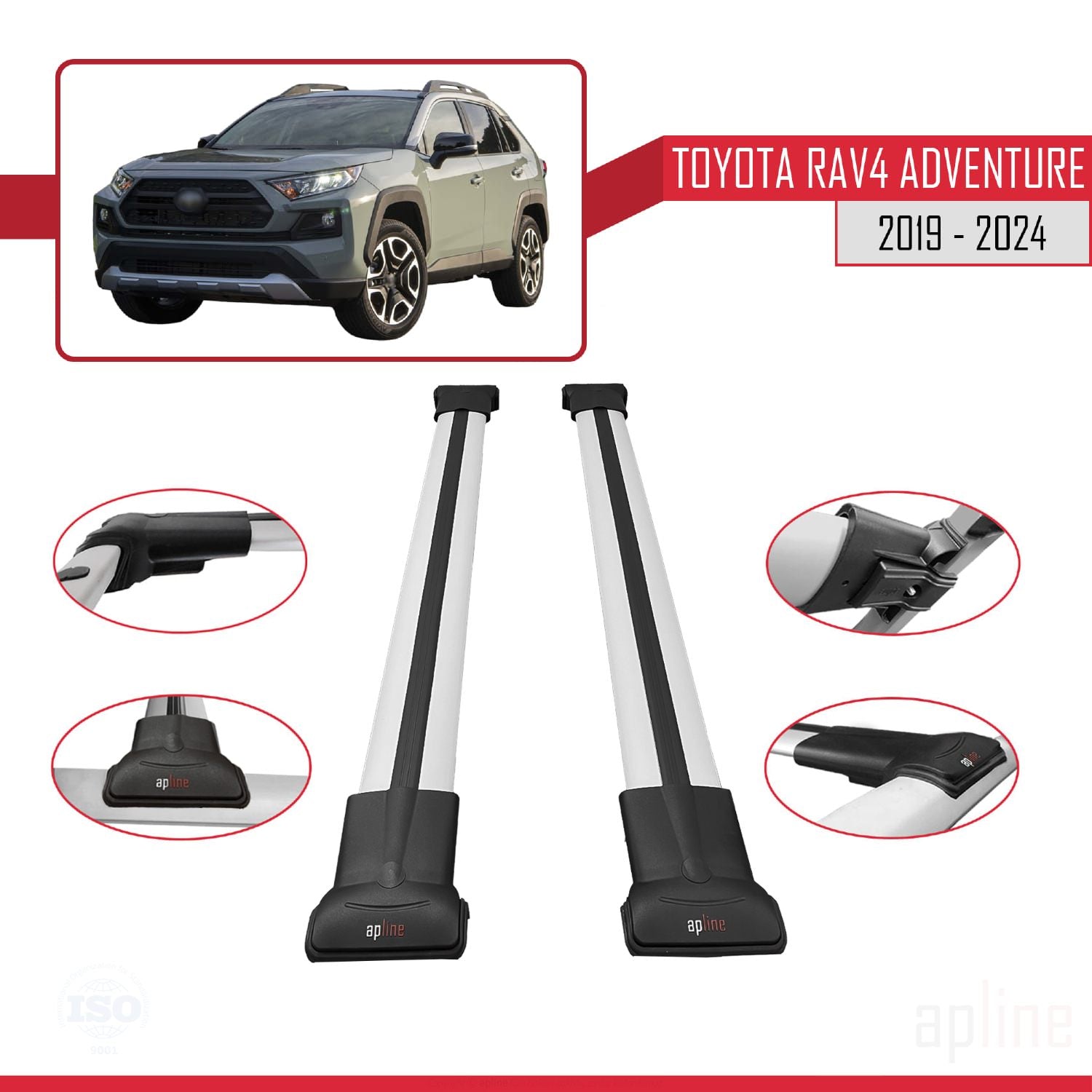 Compatible avec Toyota RAV4 Adventure 2019-2024 FLY Model Barres de Toit Railing Porte-Bagages de Voiture Gris Aluminium 2 Barres