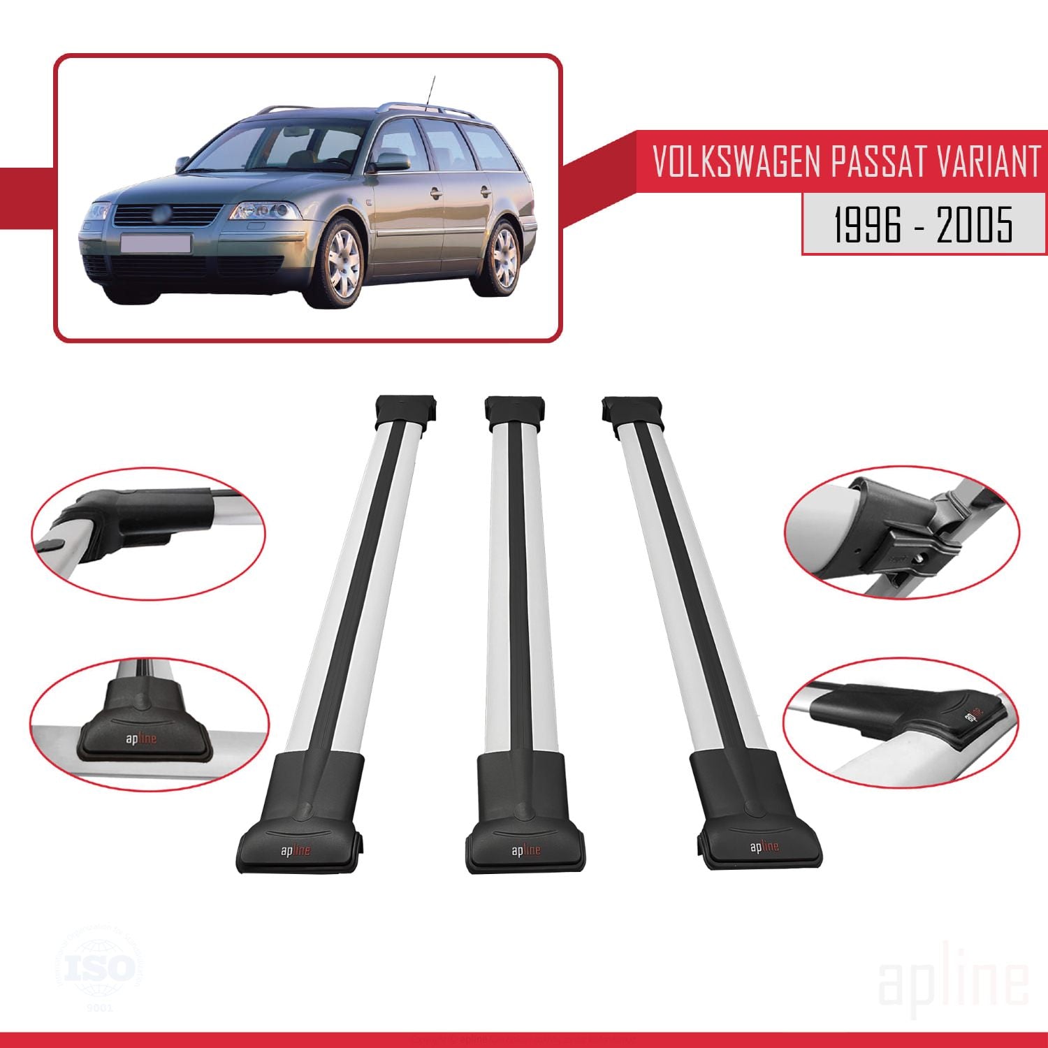 Compatible avec VW Passat B5 Variant 1996-2005 FLY Model Barres de Toit Railing Porte-Bagages de Voiture Gris Aluminium 3 Barres