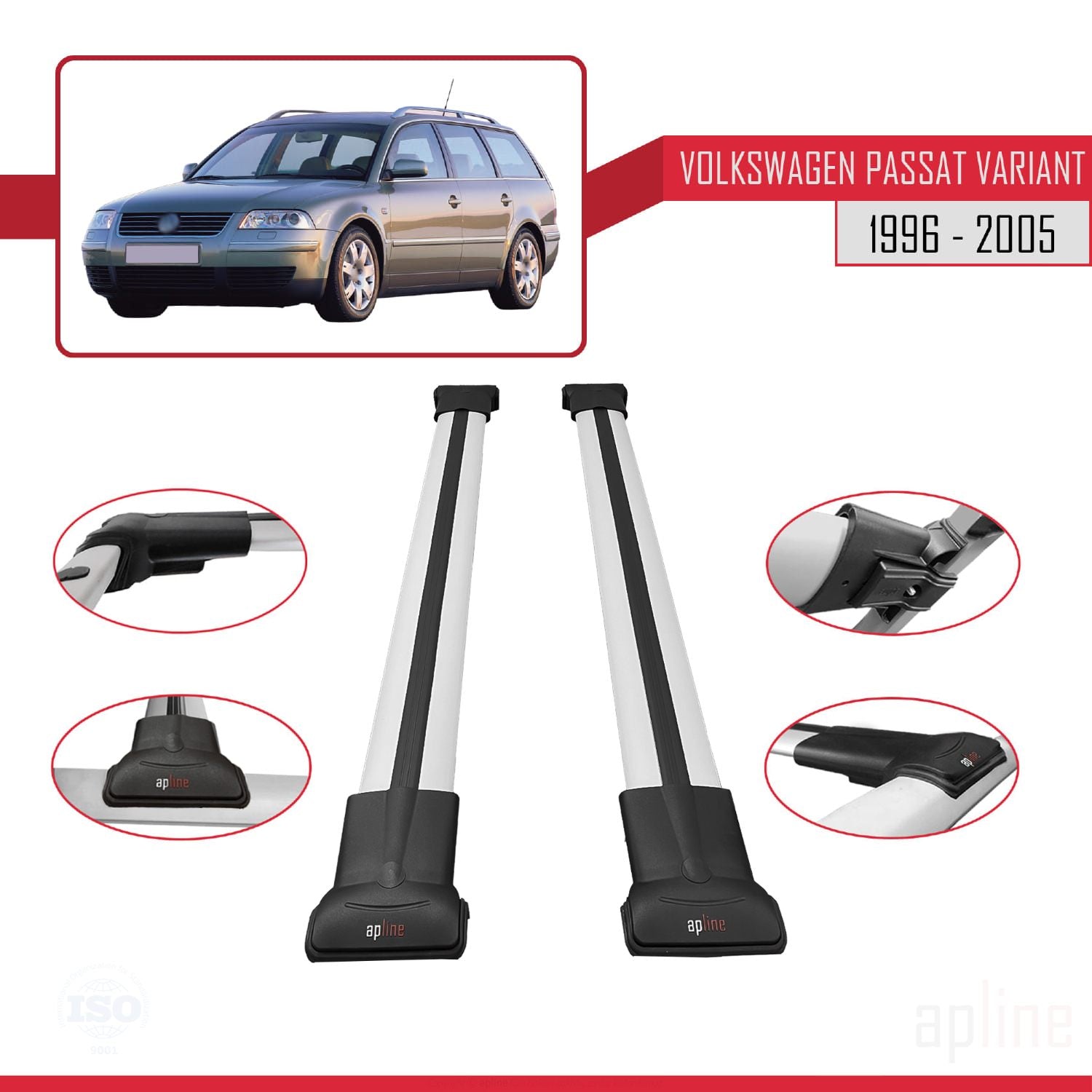 Compatible avec VW Passat B5 Variant 1996-2005 FLY Model Barres de Toit Railing Porte-Bagages de Voiture Gris Aluminium 2 Barres