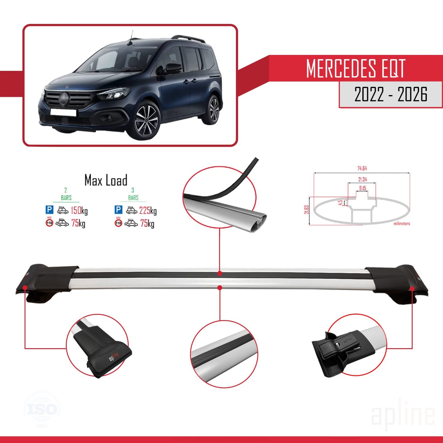Compatible avec Mercedes EQT / Citan W420 2022-2025 FLY Model Barres de Toit Railing Porte-Bagages de Voiture Gris Aluminium 3 Barres