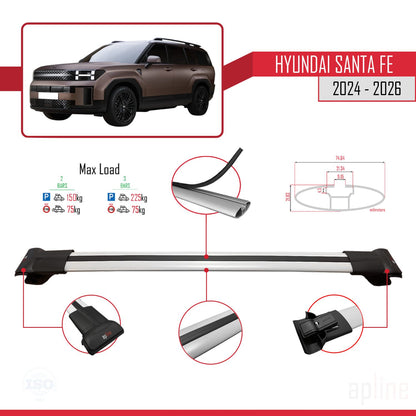 Compatible avec Hyundai Santa Fe 2024-2025 FLY Model Barres de Toit Railing Porte-Bagages de Voiture Gris Aluminium 2 Barres