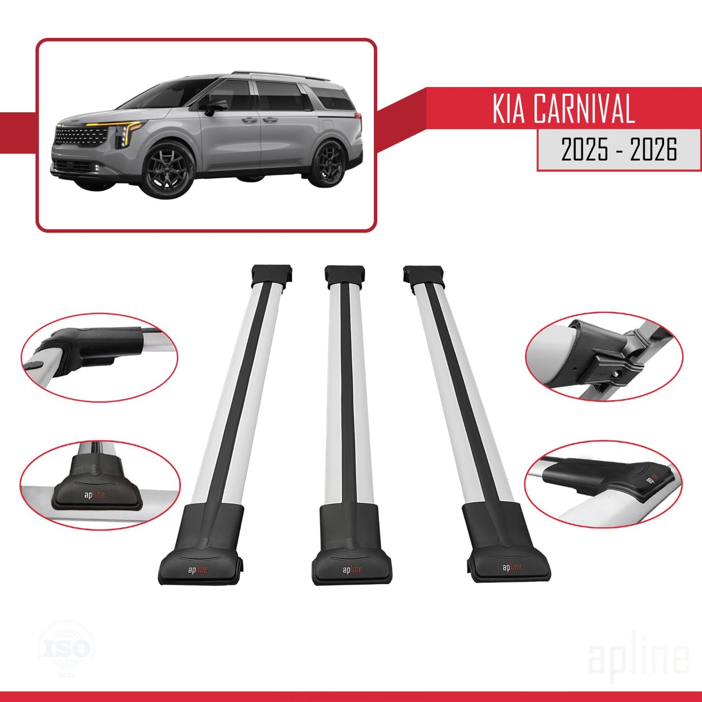 Compatible avec Kia Carnival 2025 FLY Model Barres de Toit Railing Porte-Bagages de Voiture Gris Aluminium 3 Barres