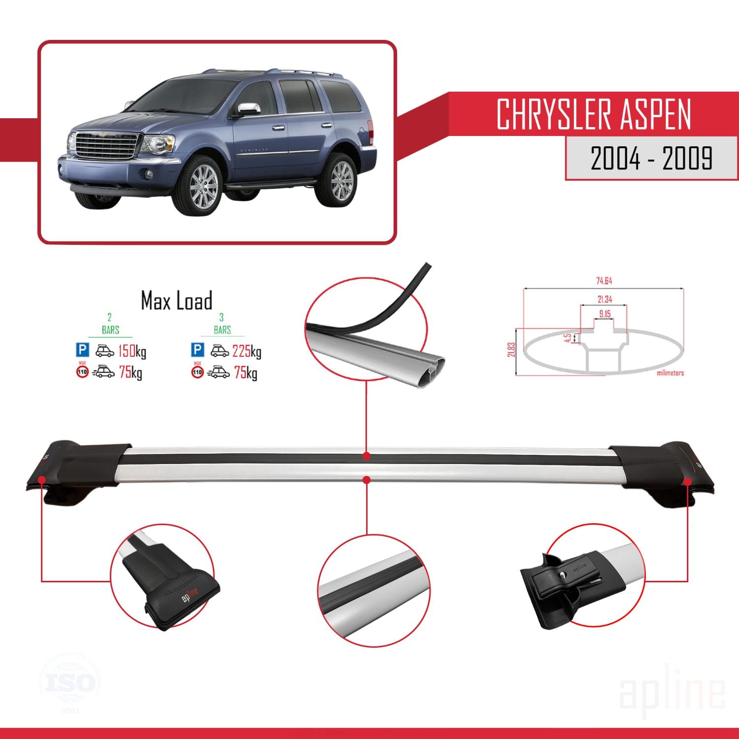 Compatible avec Chrysler Aspen 2004-2009 FLY Model Barres de Toit Railing Porte-Bagages de Voiture Gris Aluminium 2 Barres