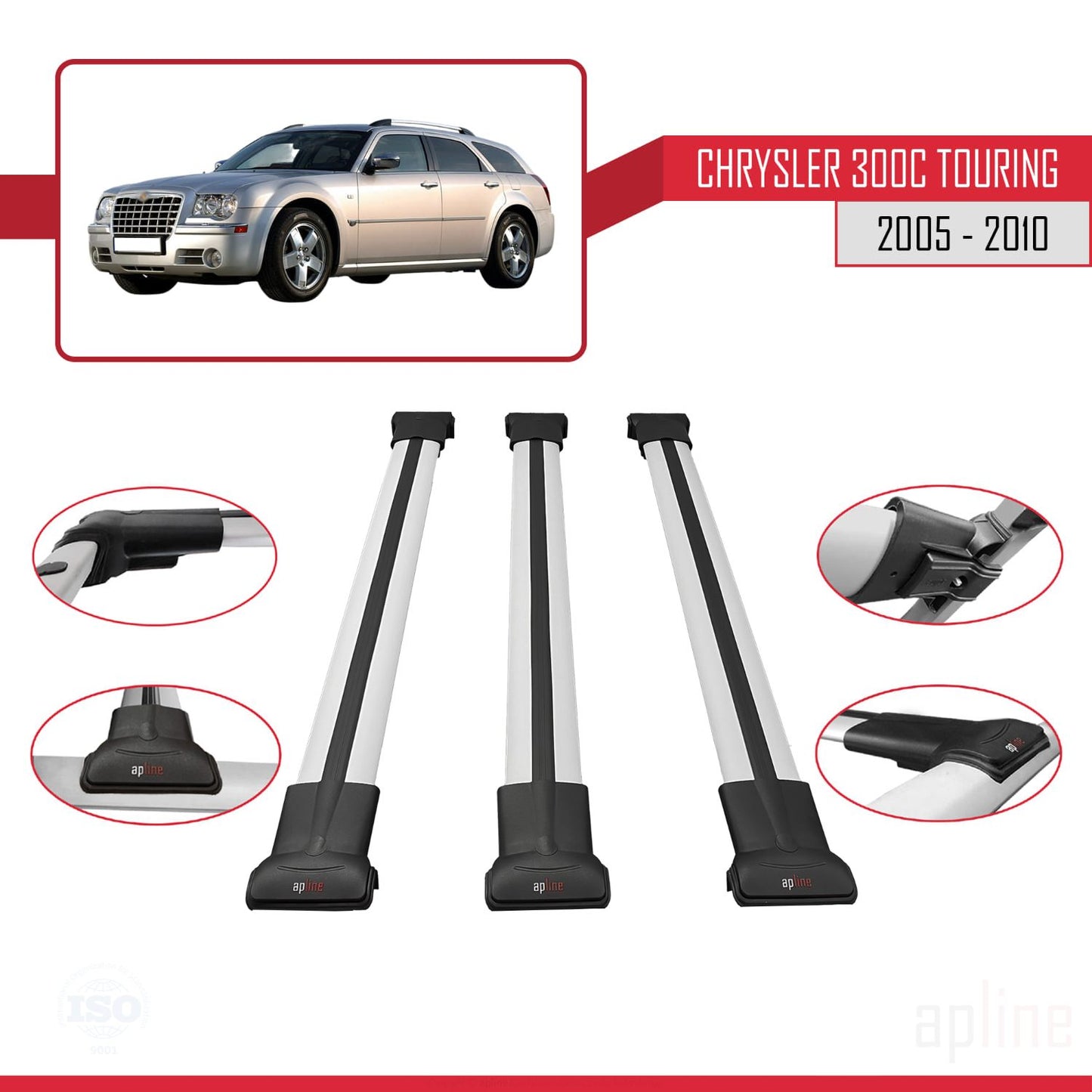Compatible avec Chrysler 300C Touring 2005-2010 FLY Model Barres de Toit Railing Porte-Bagages de Voiture Gris Aluminium 3 Barres