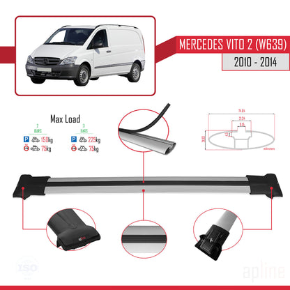 Compatible with Mercedes Vito 2 (W639) Post-Facelift 2010-2014 FLY Model Car Roof Rack Cross Bar Grey Aluminium 2 Bars