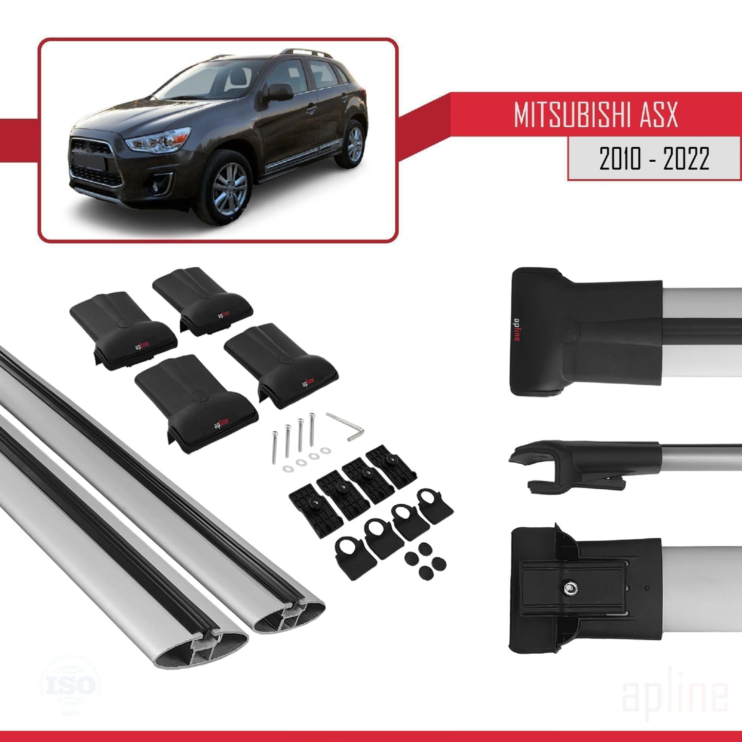 Compatible with Mitsubishi ASX (GA) 2010-2022 FLY Model Car Roof Rack Cross Bar Grey Aluminium 2 Bars