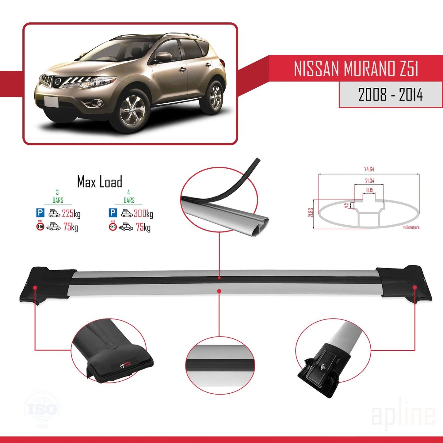 Compatible with Nissan Murano 2 (Z51) 2008-2014 FLY Model Car Roof Rack Cross Bar Grey Aluminium 3 Bars