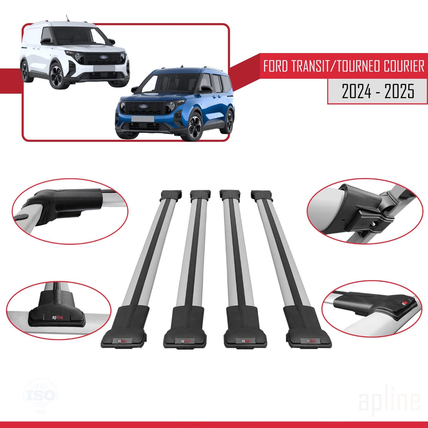 Compatible avec Ford Transit/Tourneo Courier 2024-2025 FLY Model Barres de Toit Railing Porte-Bagages de Voiture Gris Aluminium 4 Barres